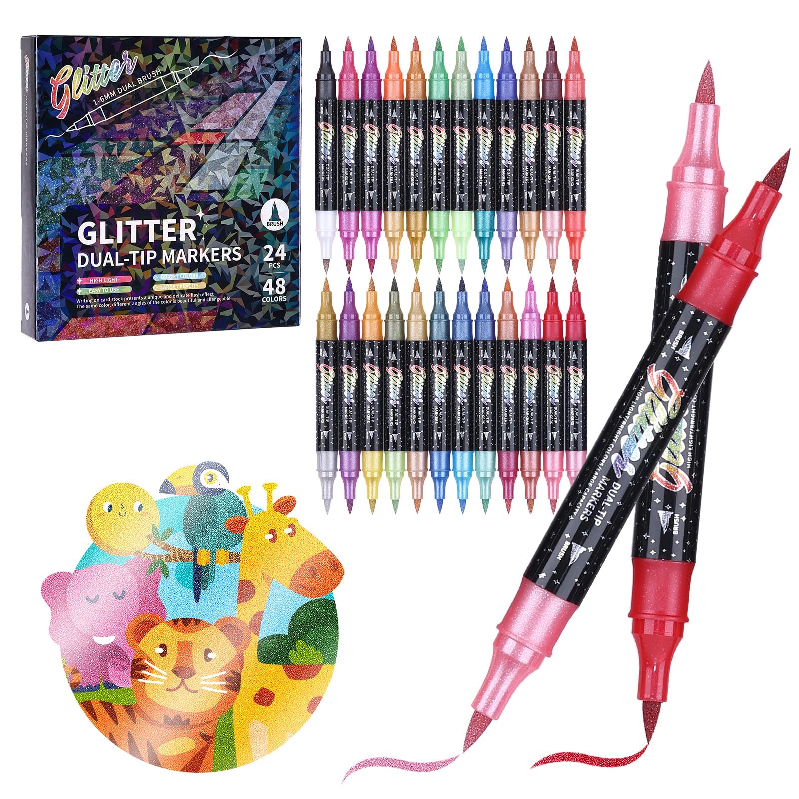 KEMYR Glitter Brush Markers Pens,48 Colors Dual Tip Glitter Pens Set 24 Pack Metallic Sparkle Markers for Cards, DIY Crafts, Doodle, Writing, Adults Coloring Books, Art Supplies Scrapbooking