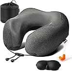 MLVOC Travel Pillow 100% Pure Memory Foam Neck Pillow, Comfortable & Breathable Cover, Machine Washable, Airplane Travel Kit with 3D Contoured Eye Masks, Earplugs, and Luxury Bag, Standard (Black)