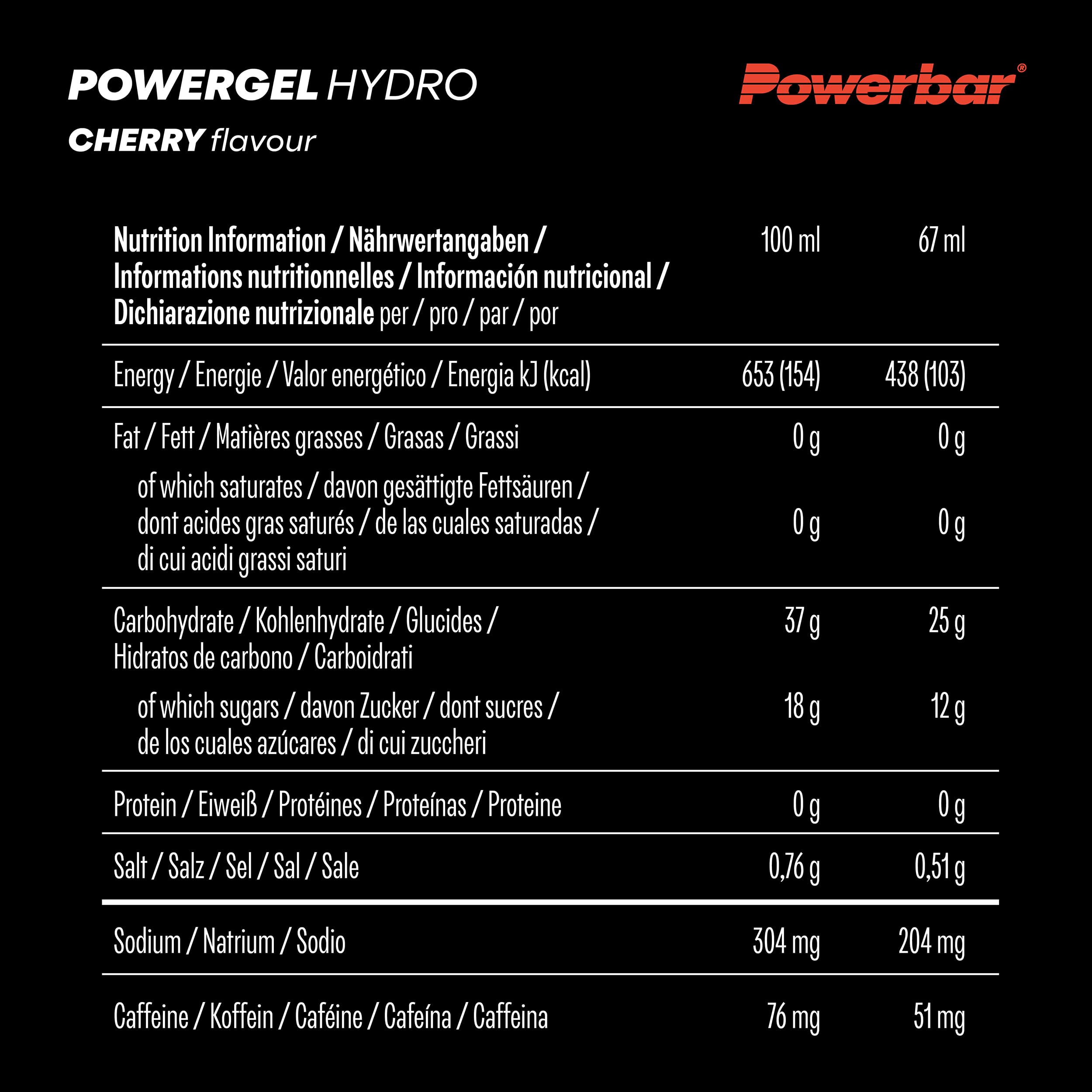 Powerbar - PowerGel Hydro - Cherry - 24x67ml - High Carb Energie Gel - Natrium - 51mg Koffein