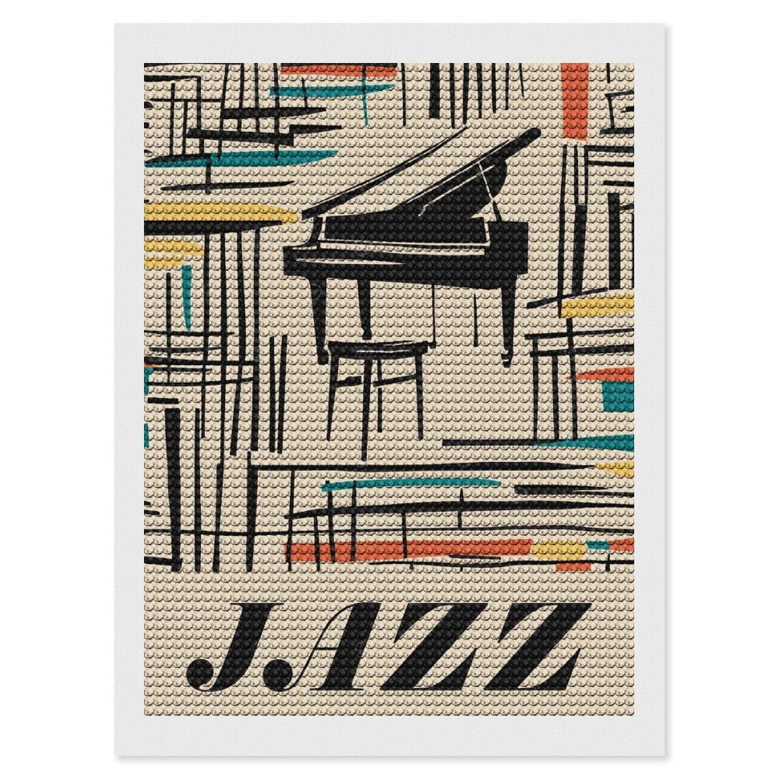 Junmoney Retro Jazz Piano Diamond Painting Set 12"x16", Modern Decor, for Beginners, Printed Canvas, Thoughtful Handmade Gift, with Tool Kit