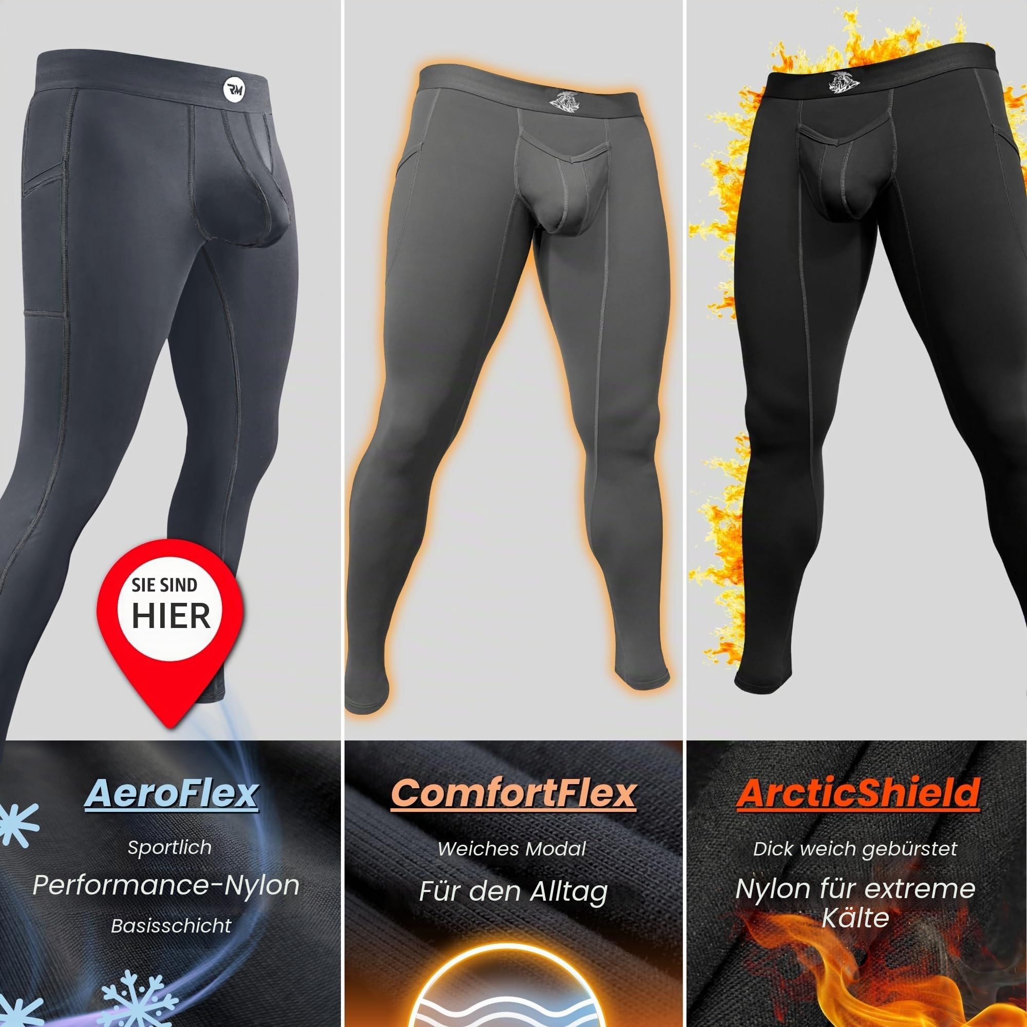 Real Men ABCD Pouch Kompressionshosen, 1, 2 & 3 Stück, Herren-Leggings, Yogahosen, Strumpfhosen, Baselayer, kaltes Wetter, Large