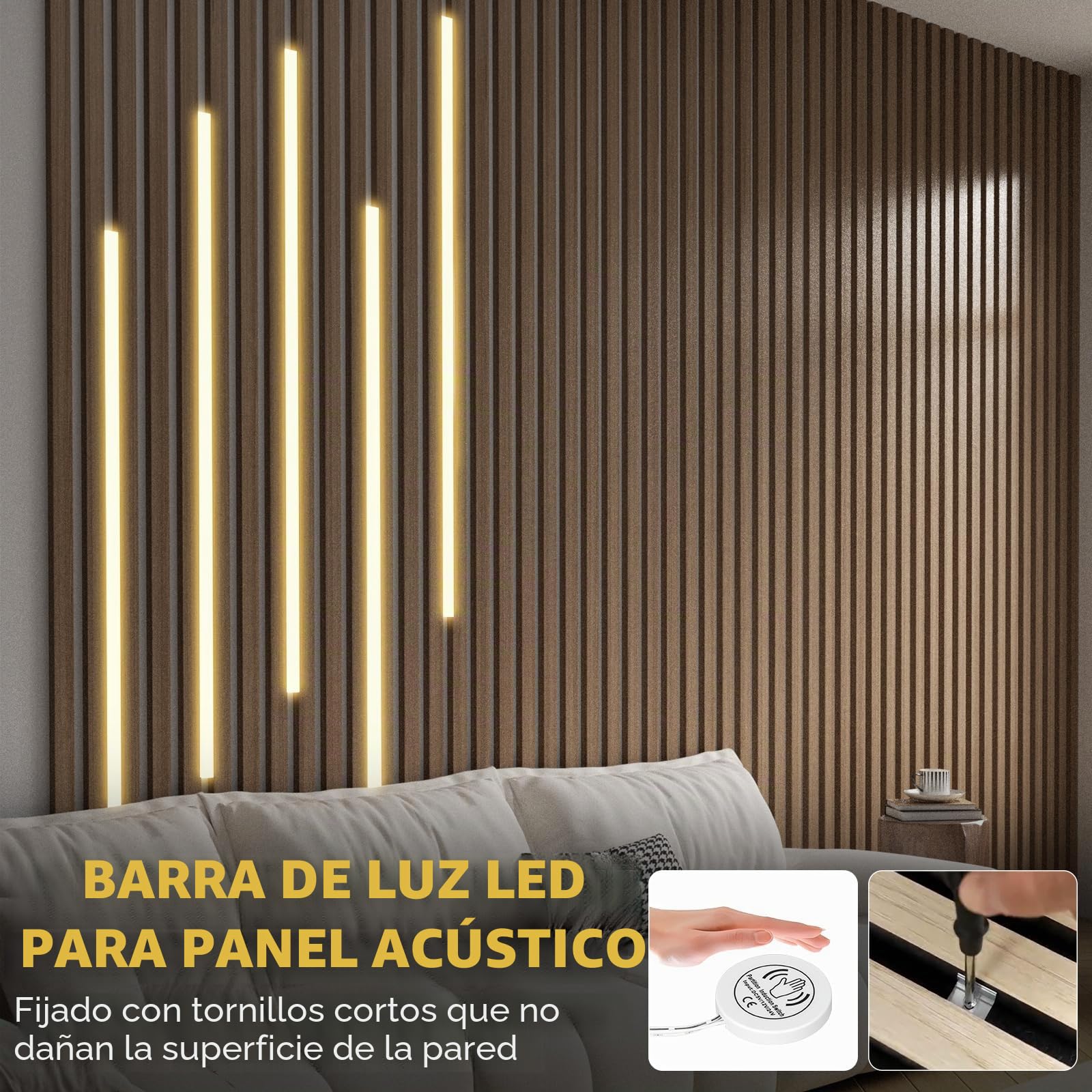 WMLBK LED para paneles acústicos, tira de LED regulable de 6 x 90 cm, blanco cálido, tira LED con sensor táctil, 12 x 12 mm, accesorios integrados, paneles acústicos