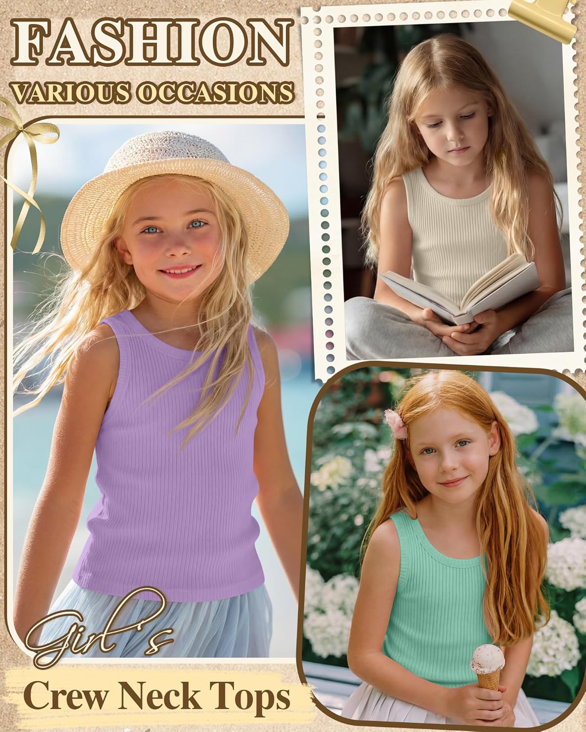 4 Pack Girls Tank Tops Sleeveless Shirts Ribbed Textured Knit Tee Round Neck Basic Kids Undershirts Summer