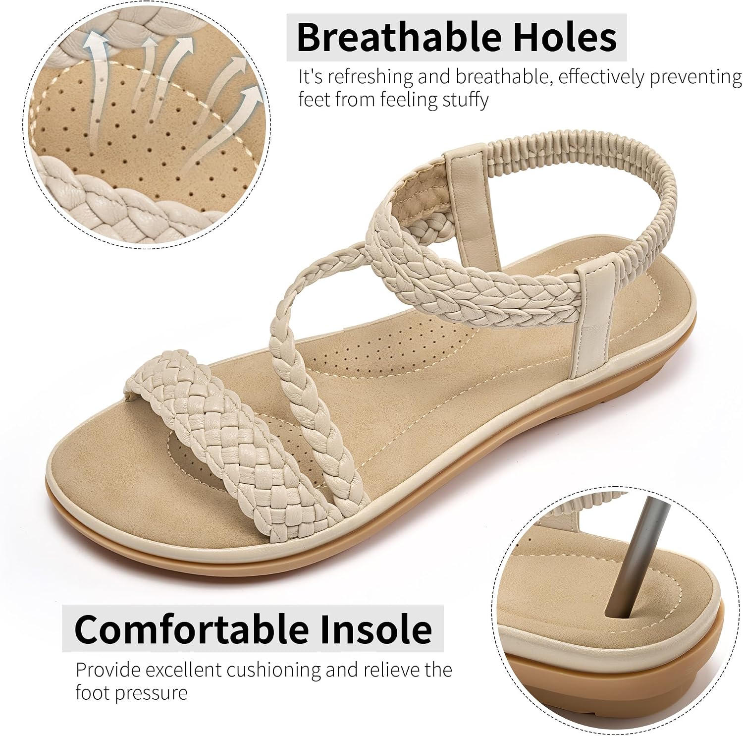Aomigoct Womens Dressy Flat Sandals: Cushioned Insole & Non-Slip Sole for Daily Walking - Woven Upper & Elastic Ankle Strap for All-Day Comfort - Fashion Ladies