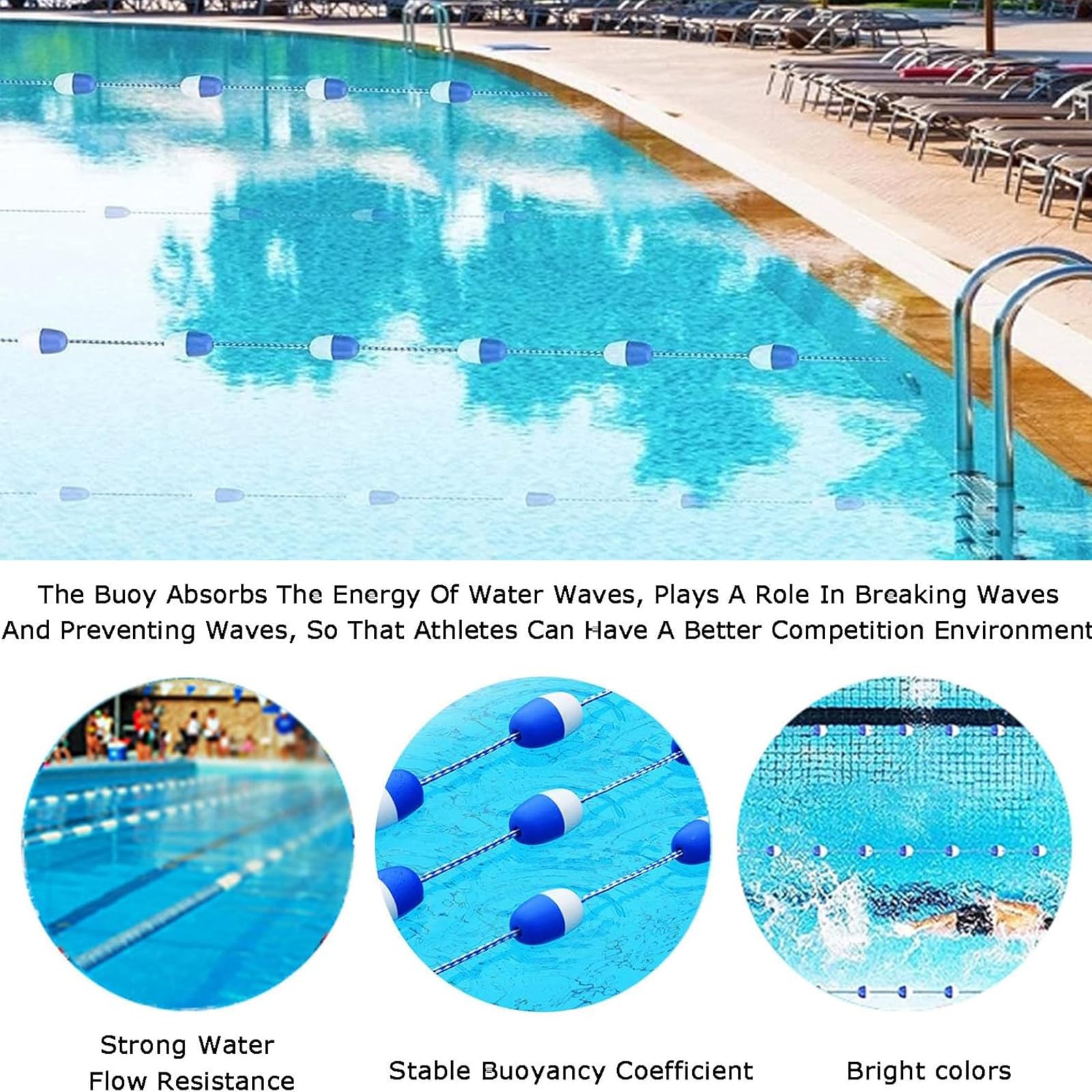 Corda divisoria per Piscina e galleggianti, Sicurezza per Piscina per Separare Aree Pericolose Corridoio Nuoto, Accessori di Sicurezza per Piscina 20ft/6.1m