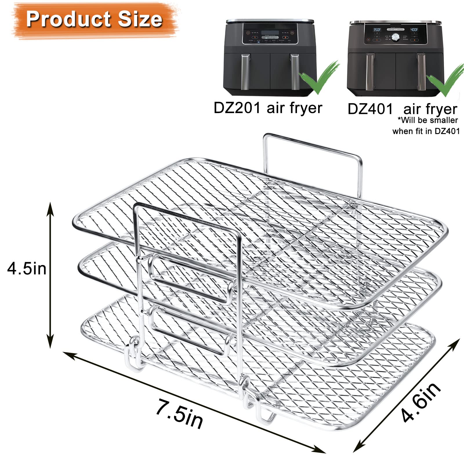 Estante para freidora de aire compatible con Ninja DZ201 DZ401 PowerXL freidora eléctrica de 2 cestas, estante para freidoras de aire de doble cesta, estante para tostadas de acero inoxidable 304, 3