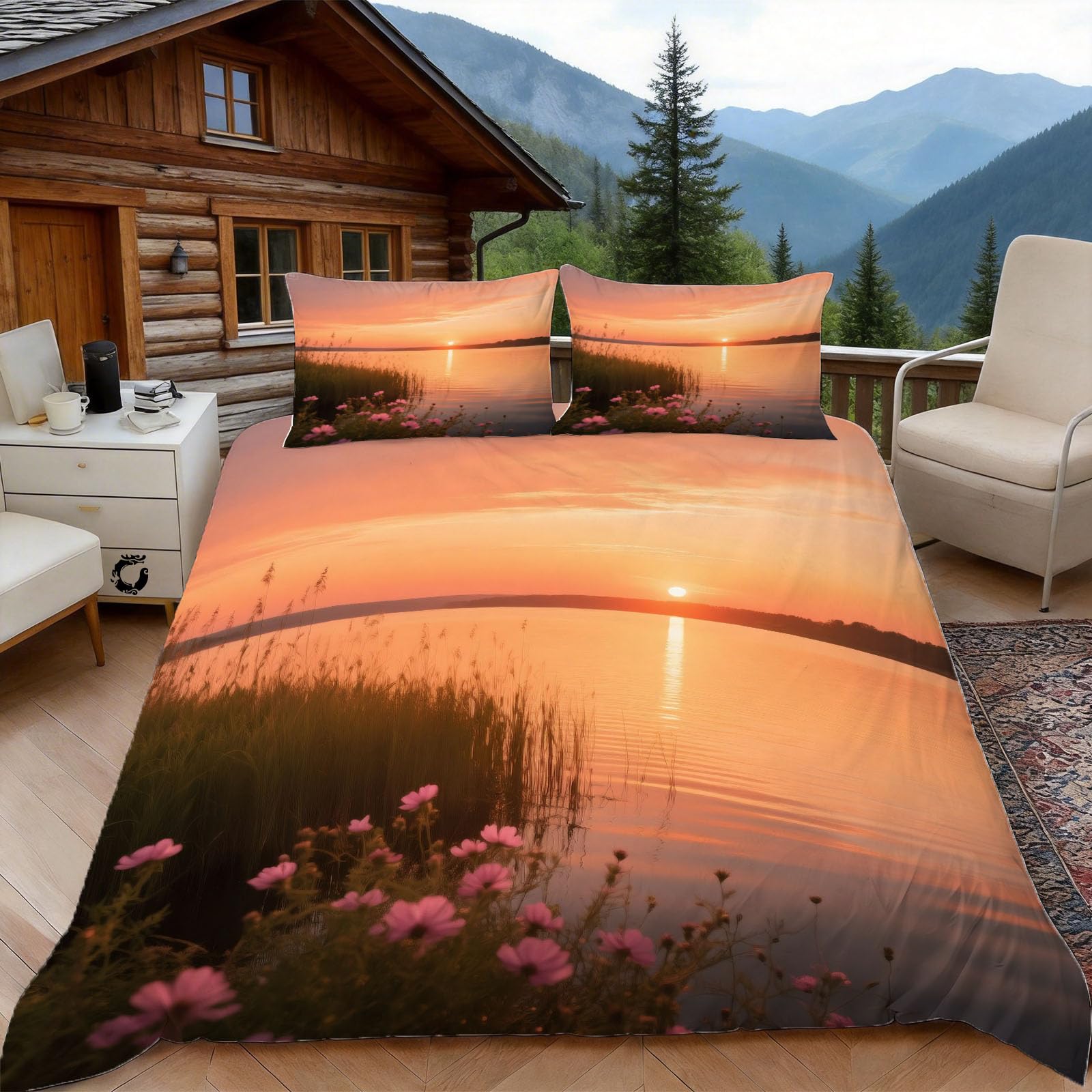 Parure de lit paysage naturel microfine douceur avec taies zip 65x65