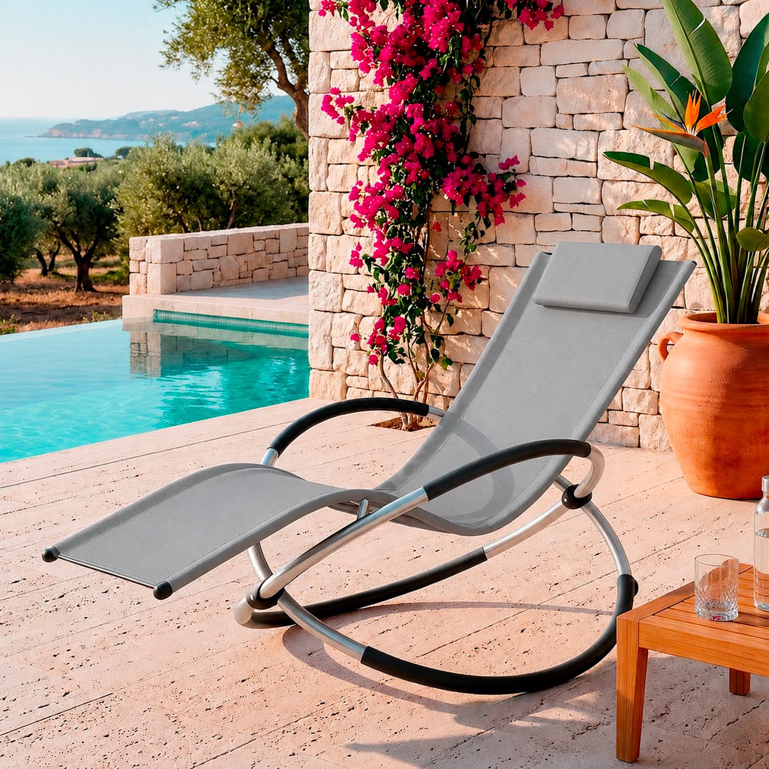 Poltrona Sdraio A Dondolo Basculante Per Giardino E Piscina Con Poggiatesta Removibile Telaio In Metallo Textilene Traspirante Ergonomica Da Esterno 73 x 150 x 93 Cm Grigio