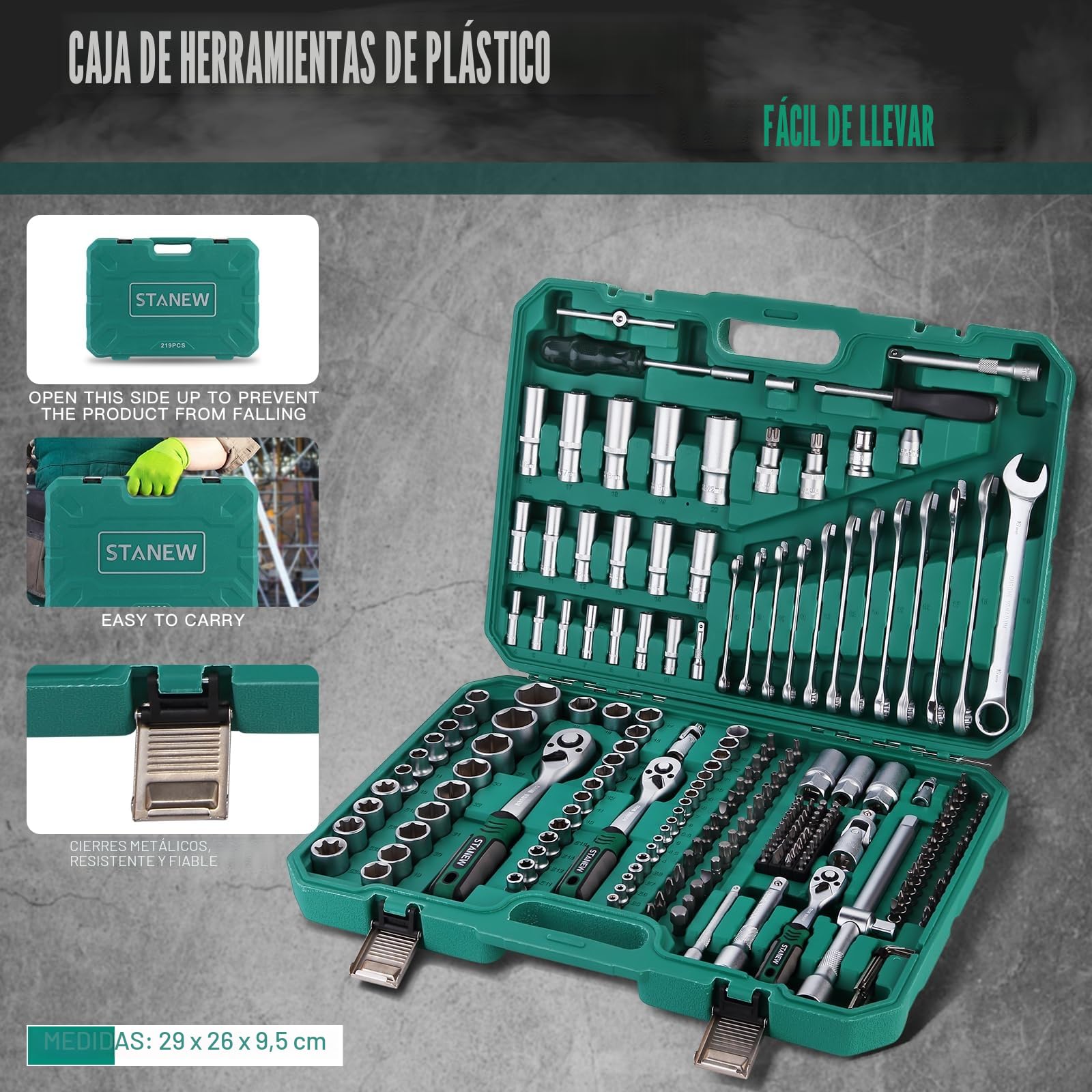 STANEW 219 Piezas Juego de Vasos Profesionales para Llaves Carraca, Llave de Carraca Reversible de 1/4", 3/8" y 1/2",Acero al Cr-V, Ideal para Bricolaje, Reparación o Trabajos Mecánicos
