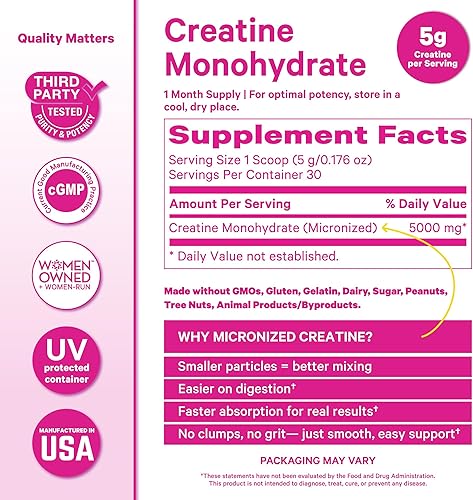 Miniatura 6 de Pink Stork Monohidrato de creatina micronizada en polvo para mujeres, soporte muscular, energía celular, función cognitiva, aminoácido esencial,