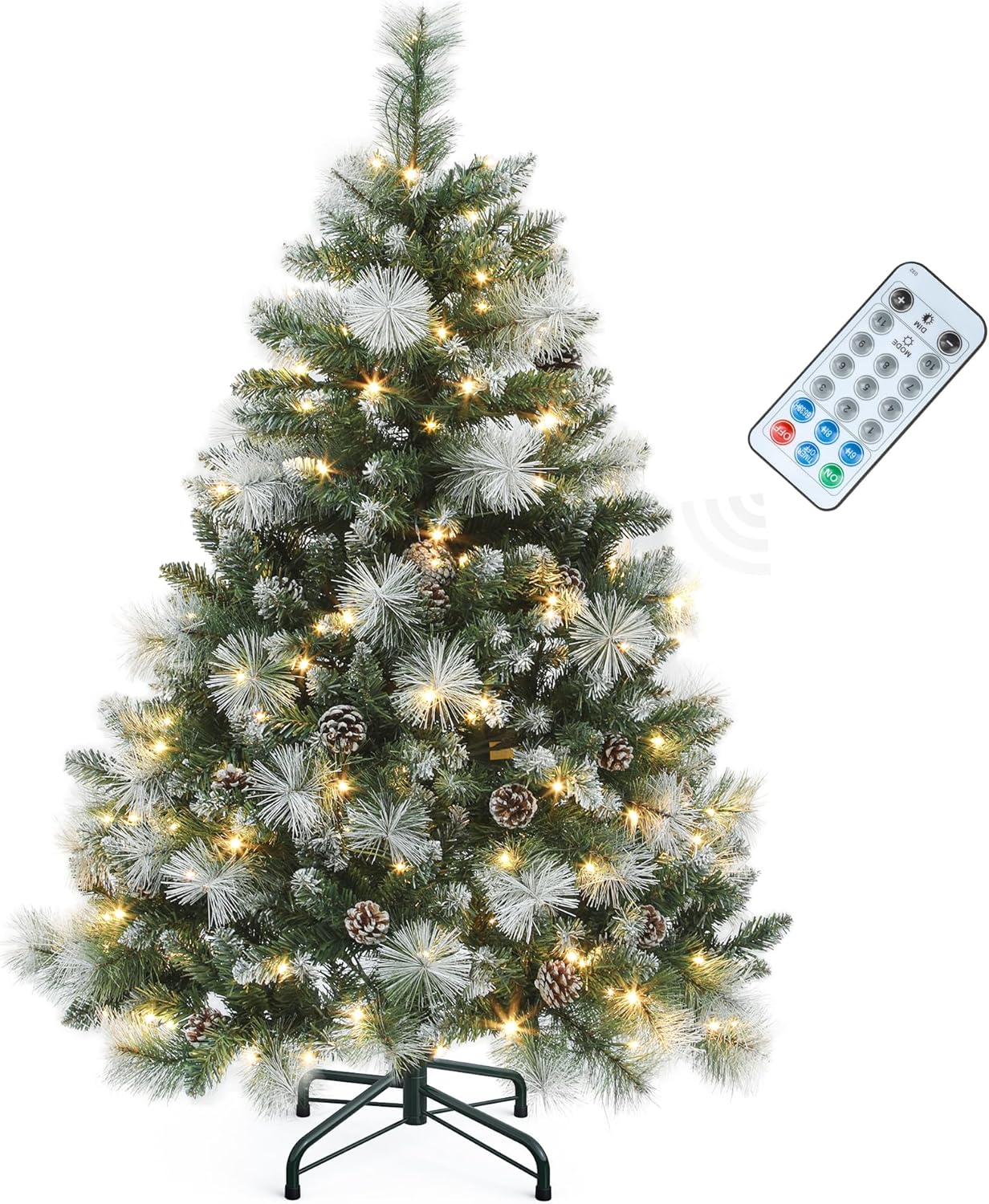 YITAHOME 4.5ft Prelit Scotch Pine Christmas Tree with Remote Control, Pre-Decorated Frosted Christmas Tree with Pine-Cones & Needles, Warm White/Multicolor Changing Lights for Home/Office Green 4ft 6in