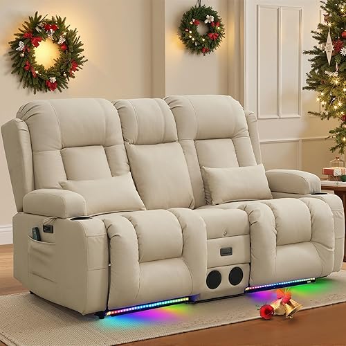 TUNYI Sofá reclinable eléctrico con masaje y calor, asiento de cine en casa con consola, sofá biplaza reclinable RV con