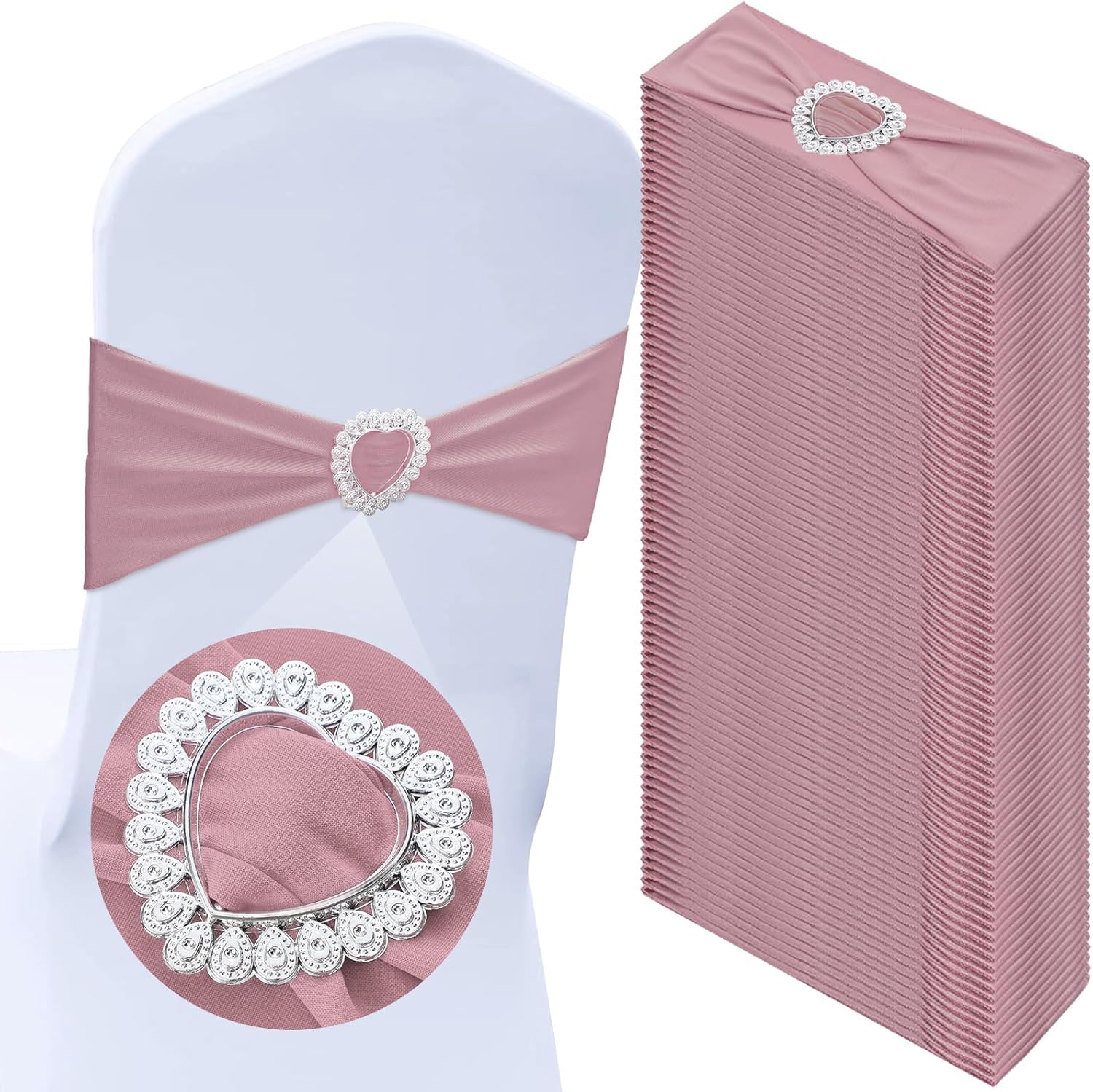 VitalCozy 50 Pcs Spandex Chair Sashes with Heart Shaped Buckle Slider Stretch Chair Cover Band Universal Elastic Chair Ties for Wedding Banquet Event Party Decoration(Dusty Pink)