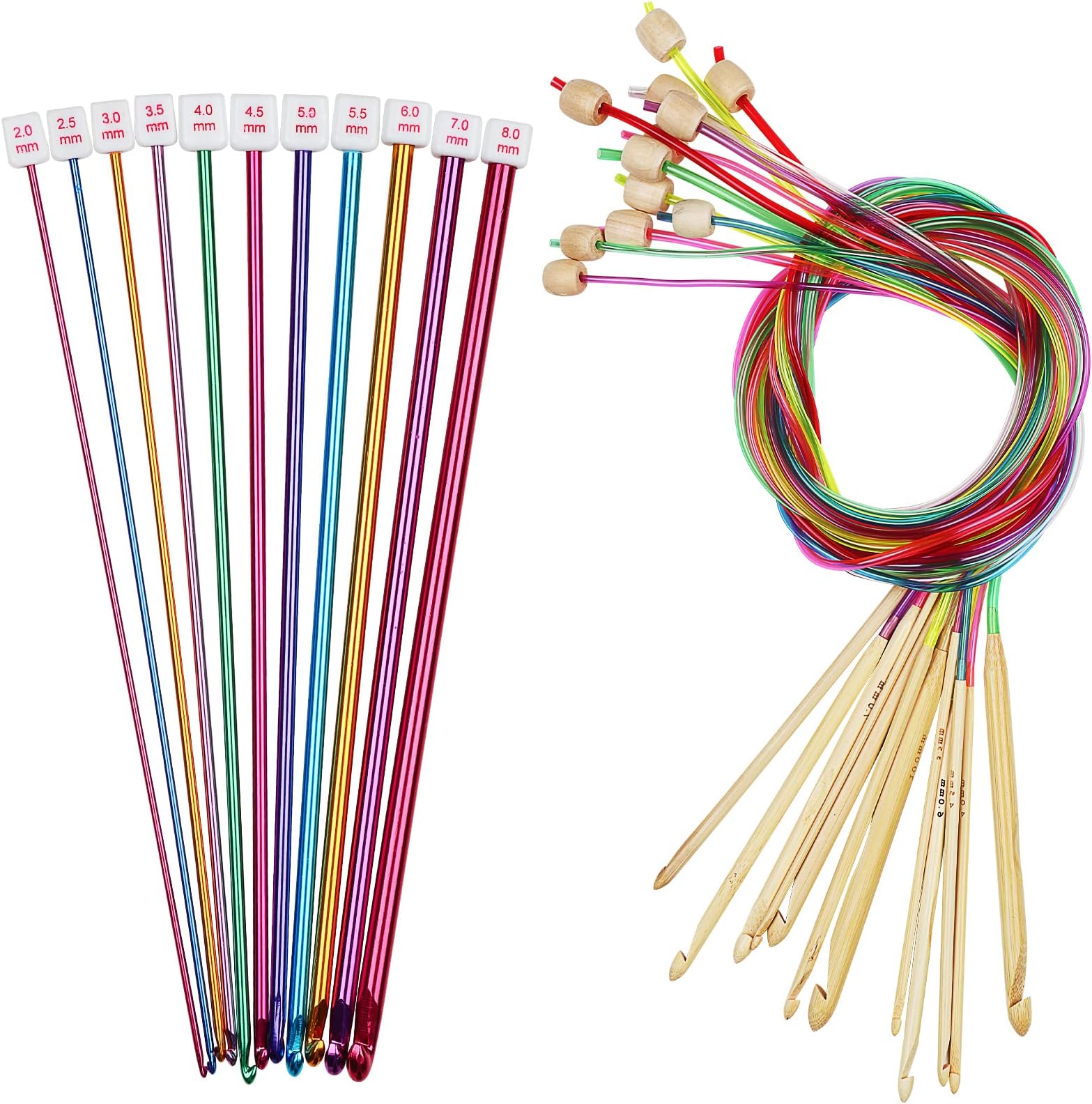 Coopay 23 PCS Tunisian Crochet Hooks Set Including 11 PCS 2.0-8.0mm Metal Long Crochet Hooks & 12 PCS 3.0-10.0mm Carbonized Bamboo Afghan Crochet Needles with Cable, Crochet Hook Set Extra Long