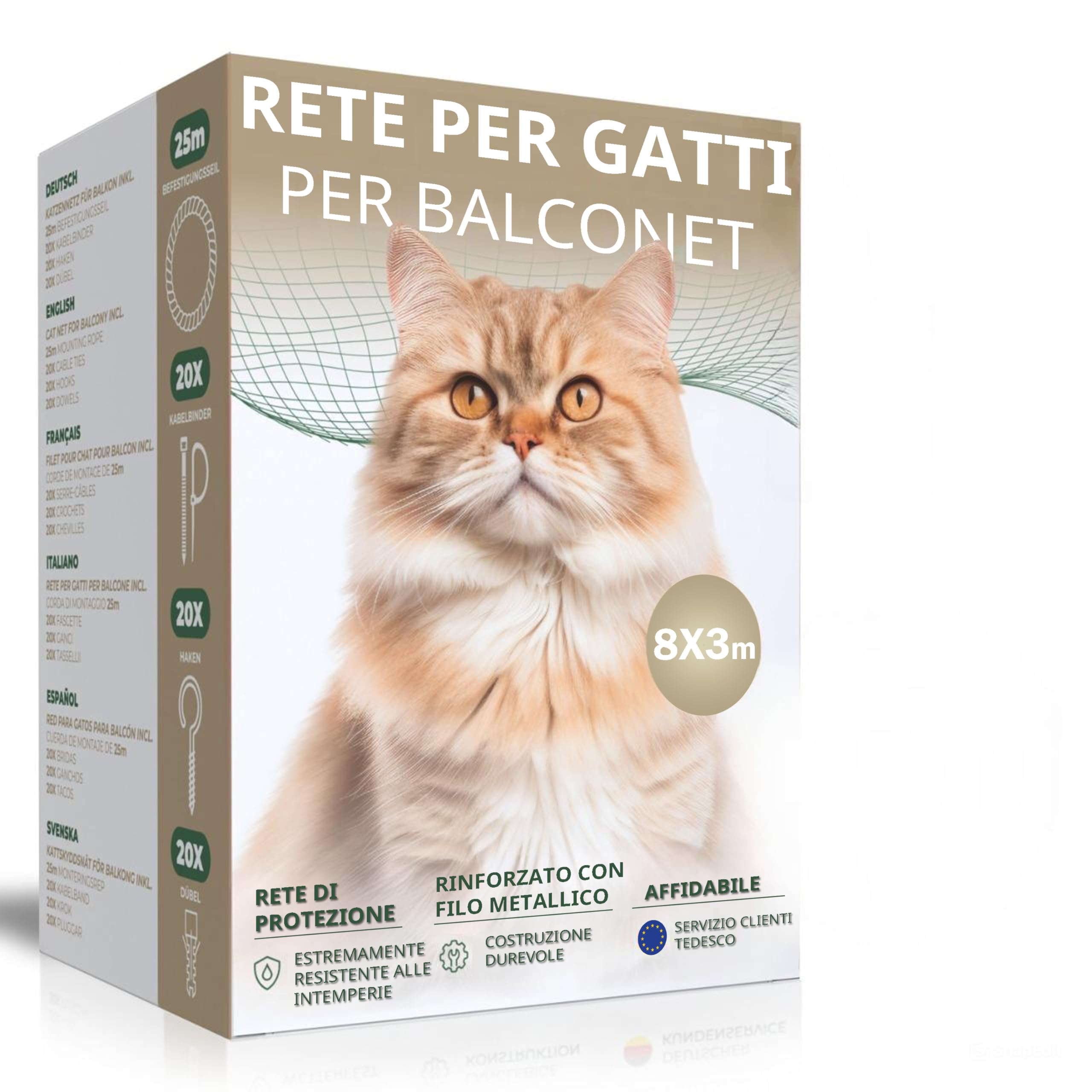 WOOWOOD® Rete per Gatti [Extra Rinforzato con Filo] | Rete per recinzioni | Rete Gatti Balcone | Rete Balcone per Gatti | Rete per Gatti Balcone | Rete Gatti | Rete Protezione Gatti Balcone (8X3m)