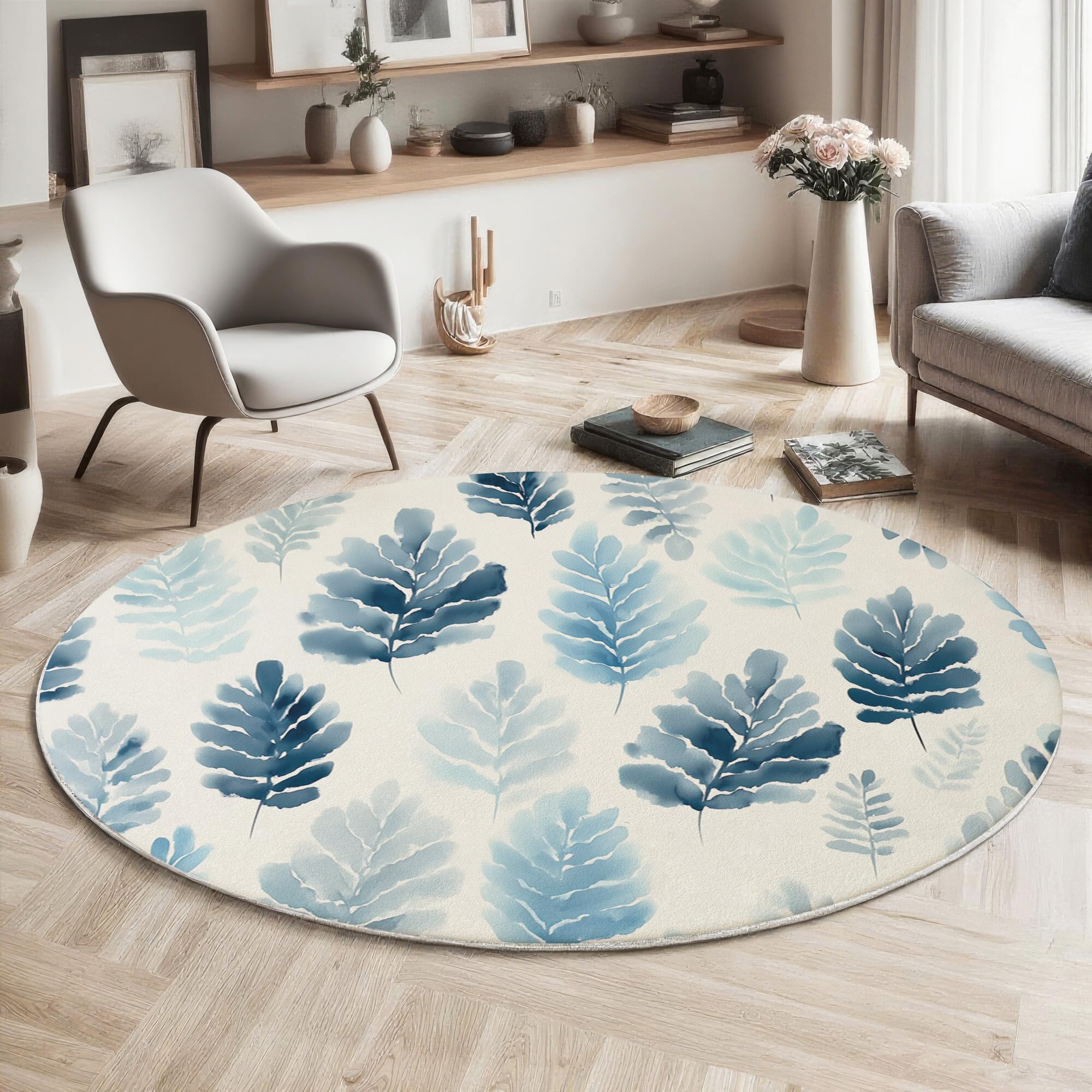 Tapis rond style botanique bleu 200cm lavable pour salon