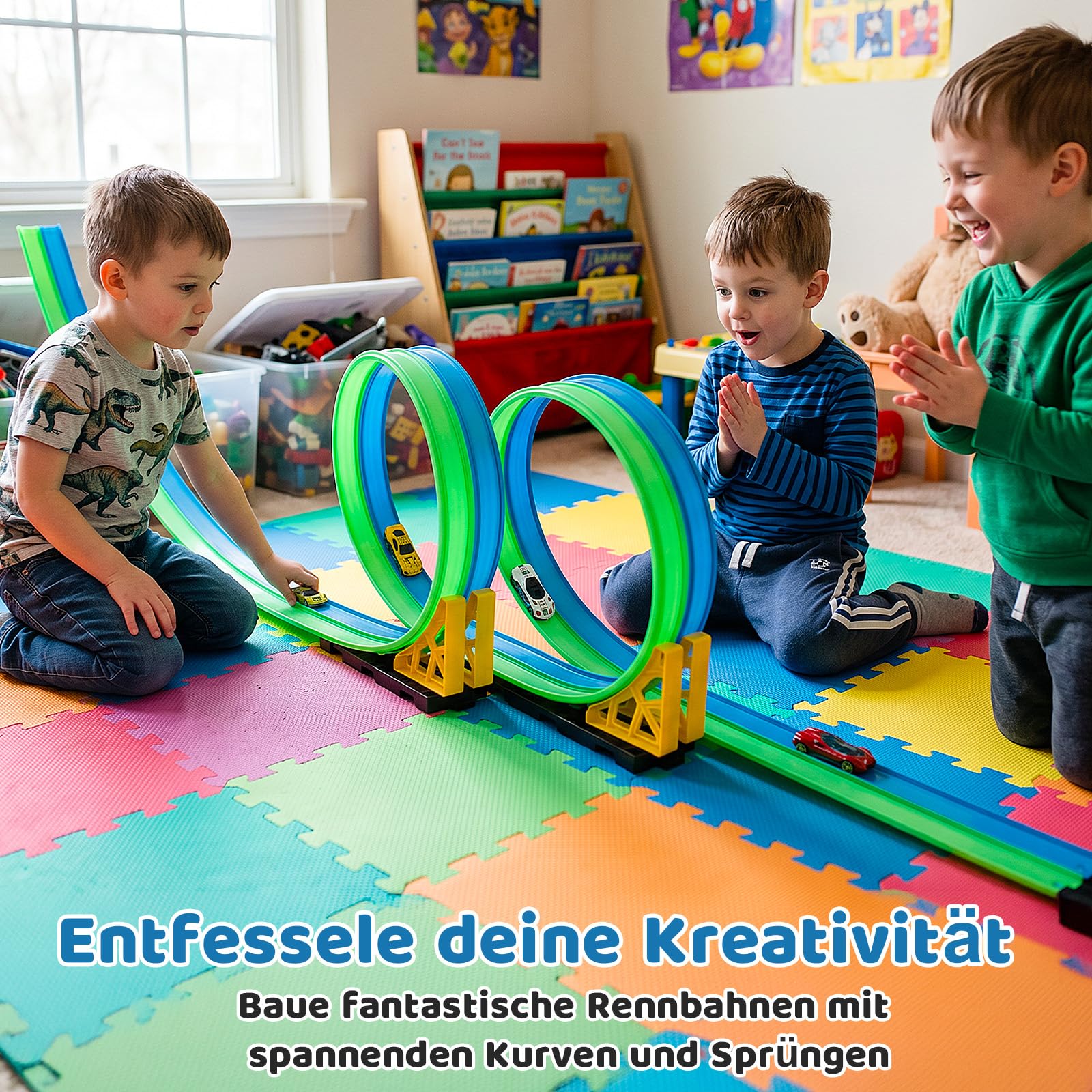 Flexible Autorennbahn Kinder 4.5M, Doppelspur Rennstrecke Tragbare Rennbahn mit 4 Autos,Rennwagen Auto Rennspiel Spielzeug Indoor Outdoor,Geschenke für Jungen Mädchen ab 3 Jahren (Blau&Grün)