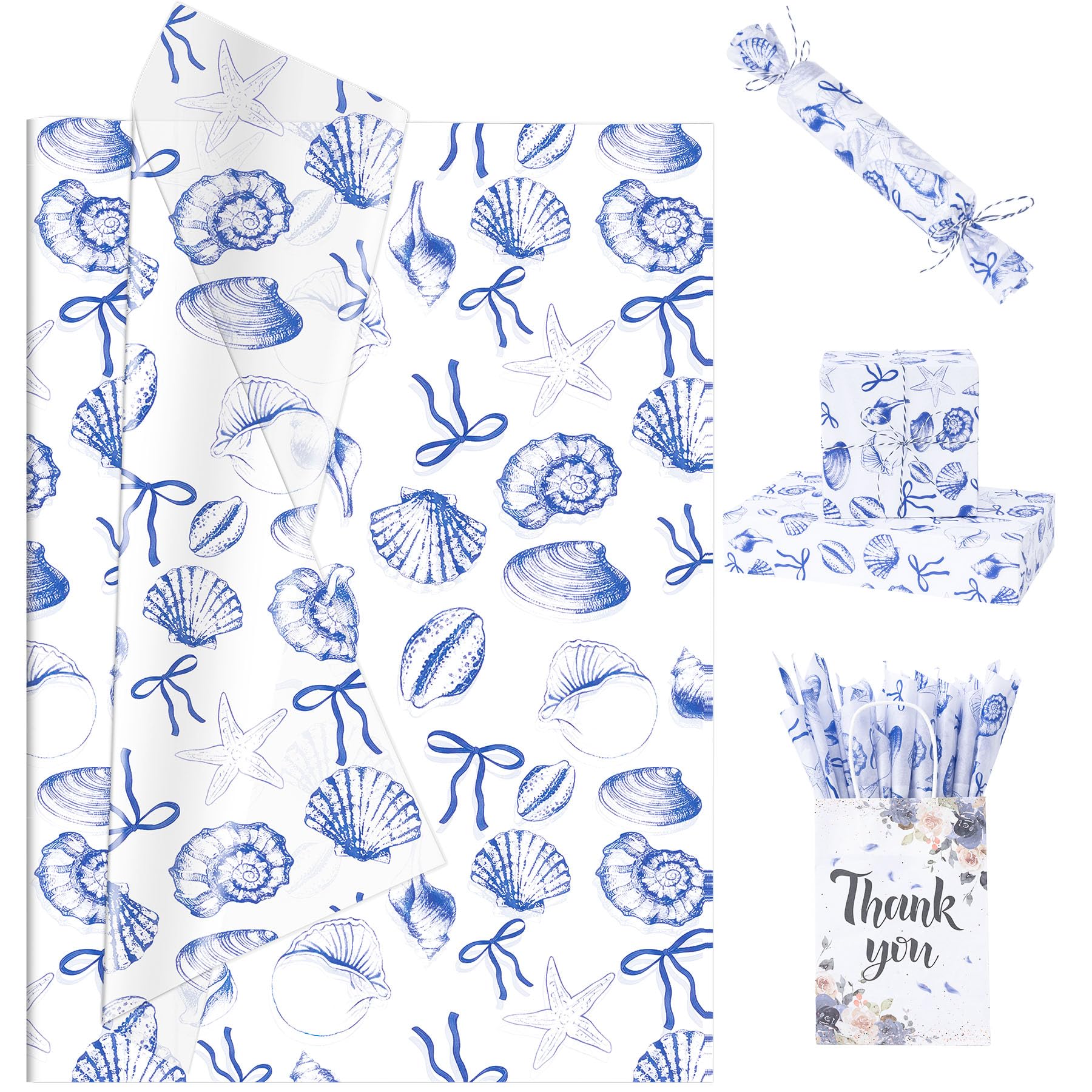Larcenciel Ocean Tissue Paper, 60 Sheets White Blue Seashell Tissue Paper for Wrapping Gifts, Bow Starfish Gift Wrapping Paper, Art Decorative Craft Paper for Wedding Birthday Party Summer DIY 50x35CM