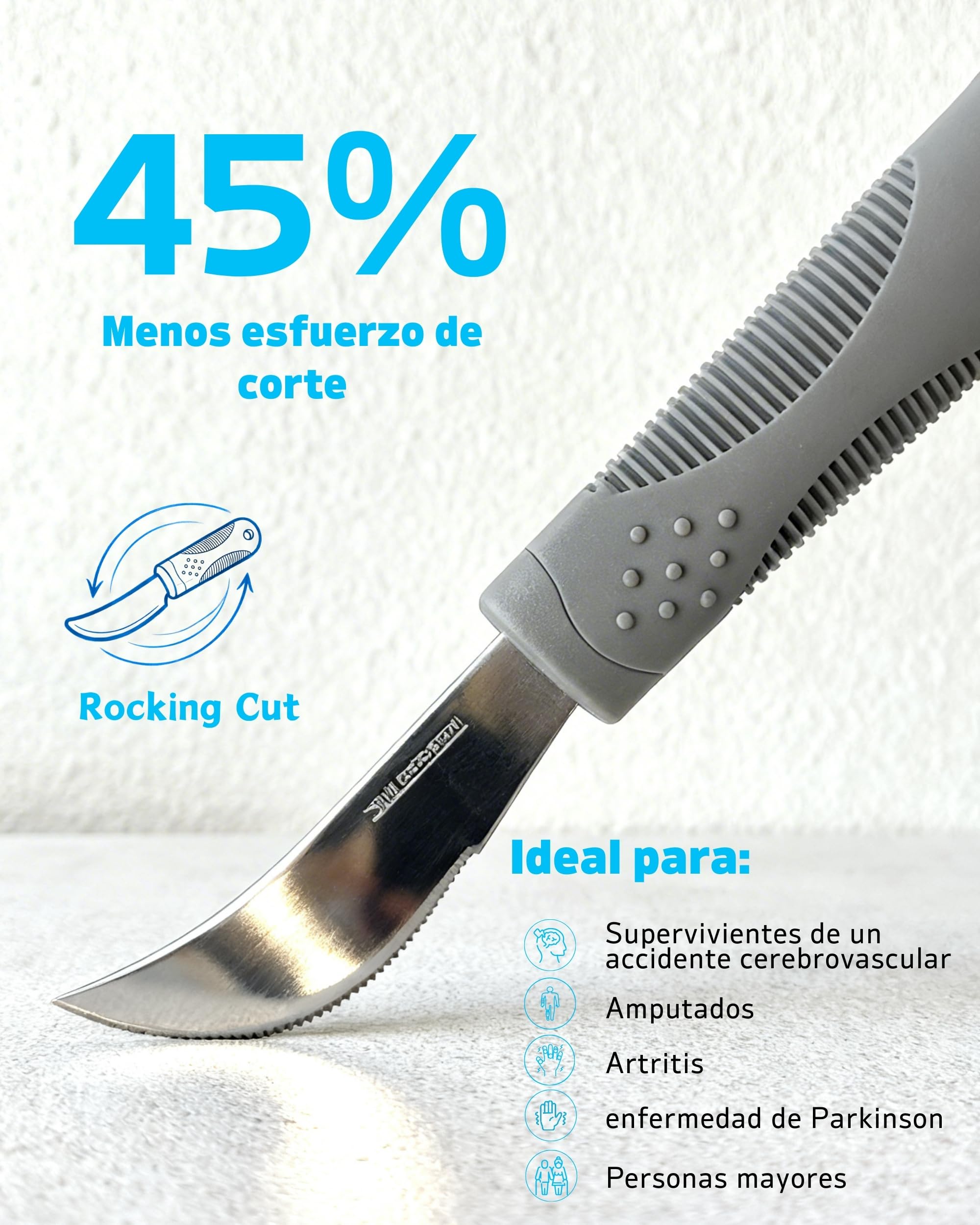 Cubiertos Adaptados con Peso – Cubertería para Temblor de Manos y Párkinson, Cuchillo Basculante a 42°y Cuchara Profunda, 142 g (Gris, para Diestros)