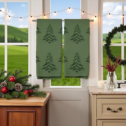 Miniatura 7 de Paquete de 2 toallas de mano para árbol de Navidad, 100% algodón, jacquard, juego de toallas de cocina retro, neutrales, verde oliva, juego de
