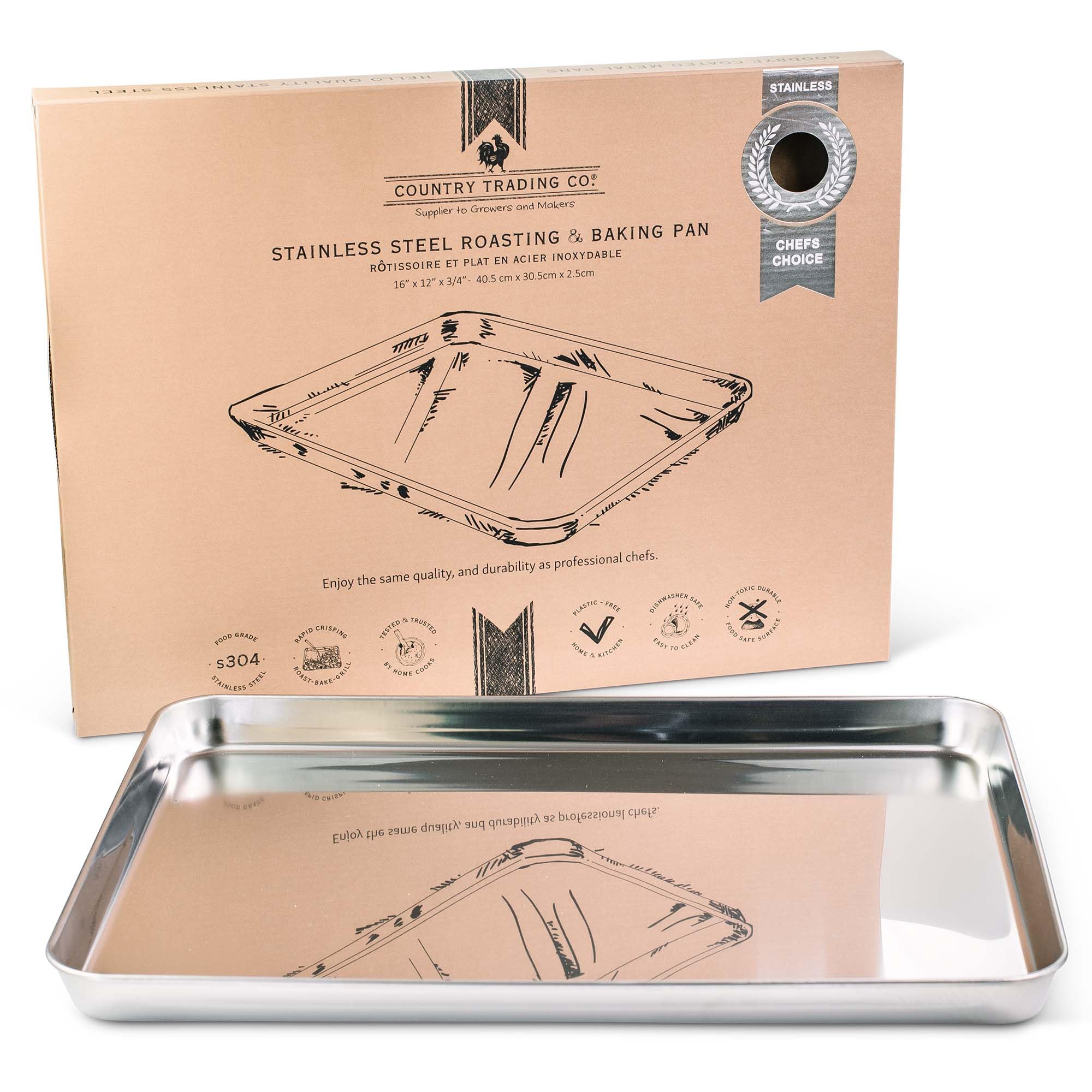 Large Baking Tray and Roasting Tin - Stainless Steel Oven Dish - Food Safe Cookware - Grill Pan Free from Non Stick Coatings (40.5 x 30.5 x 2.5 cm)