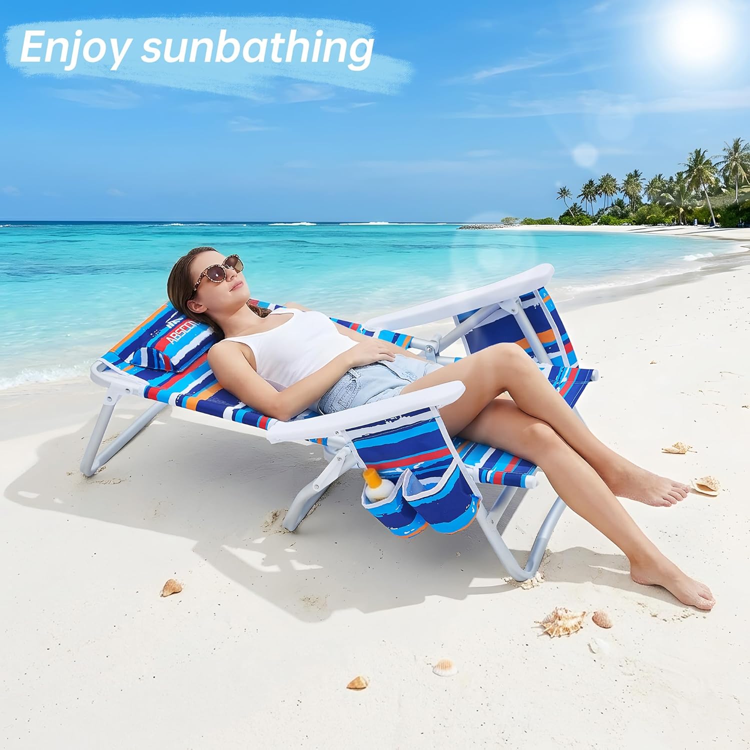 Beach Chair, Beach Chairs for Adults,Outdoor Folding Beach Chairs for Adults, Supports up to 350lbs with 5 Positions, Towel bar, Cooler Pouch, Storage Pouch.
