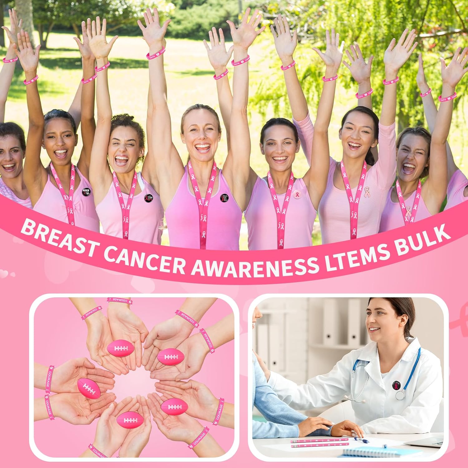 Yexiya 200 Pcs Breast Cancer Awareness Items Bulk Pink Ribbon Button Pins Stress Football Keychain Stickers Pencils Lanyards Wristband for Women Female Breast Cancer Awareness Charity Event Supply