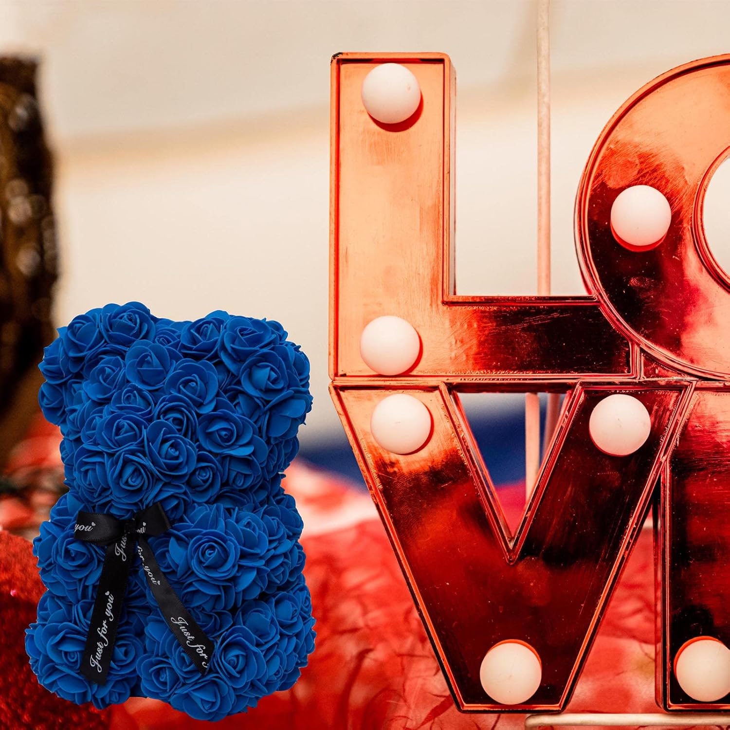 DuHouse Rose Bear Rose Teddy Bear Flower Gift Black Box for Valentines Gifts Anniversary Christmas,Birthdays Bridal Showers -Fully Handmade 10 inch Flower Bear Clear Gift Box (Royal Blue) - Image 7