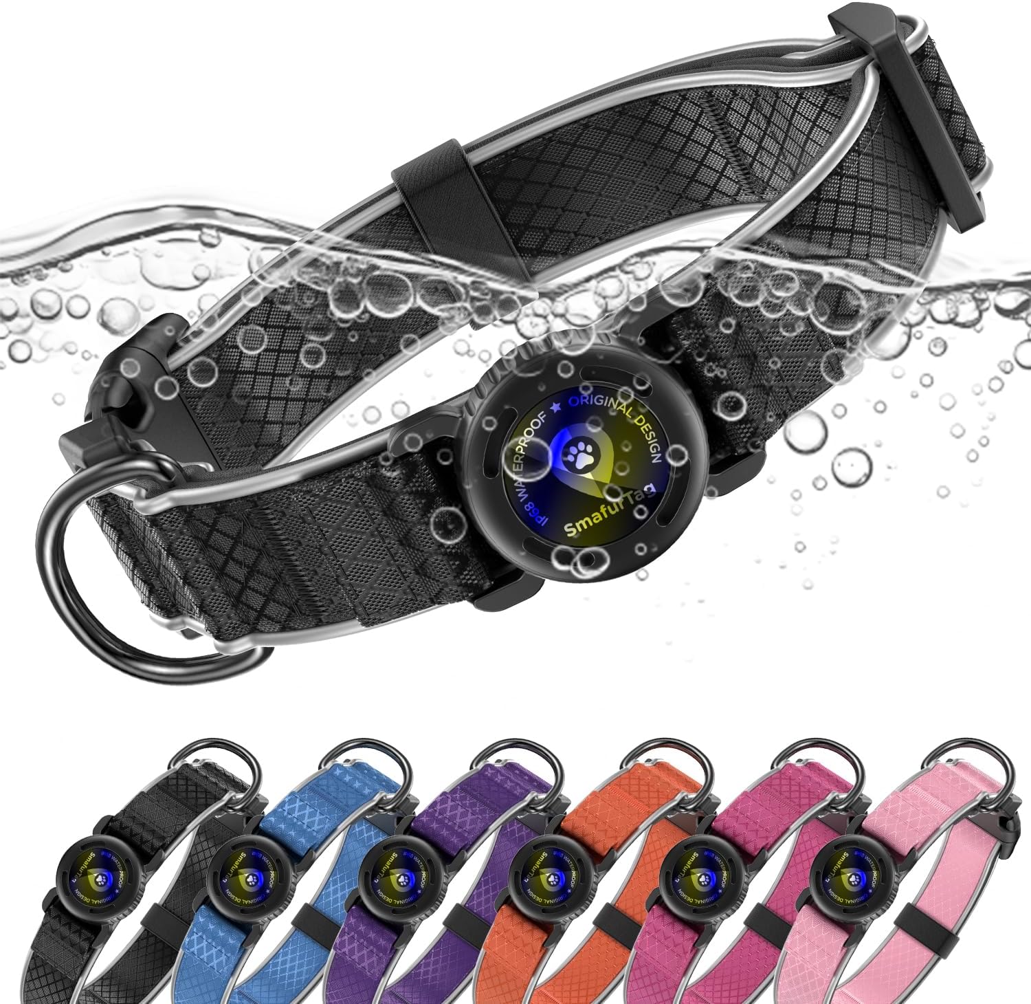 AirTag Dog Collar with QR Code ID & Waterproof Holder - Reflective, Durable Padded Oxford Collar Compatible with Apple AirTags for Medium Dogs (Black, M)