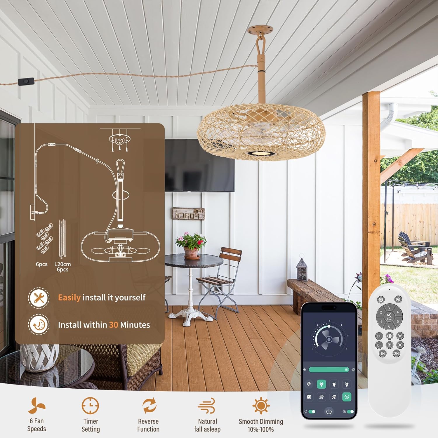 PAZALA 20" Outdoor Gazebo Fan with Light, Plug in Hanging Ceiling Fan for Covered Patio Pergola Porch, Remote & APP Control, 3CCT Dimmable LED, 6-Speed Reversible DC Motor,Beige Woven Caged Boho Fan