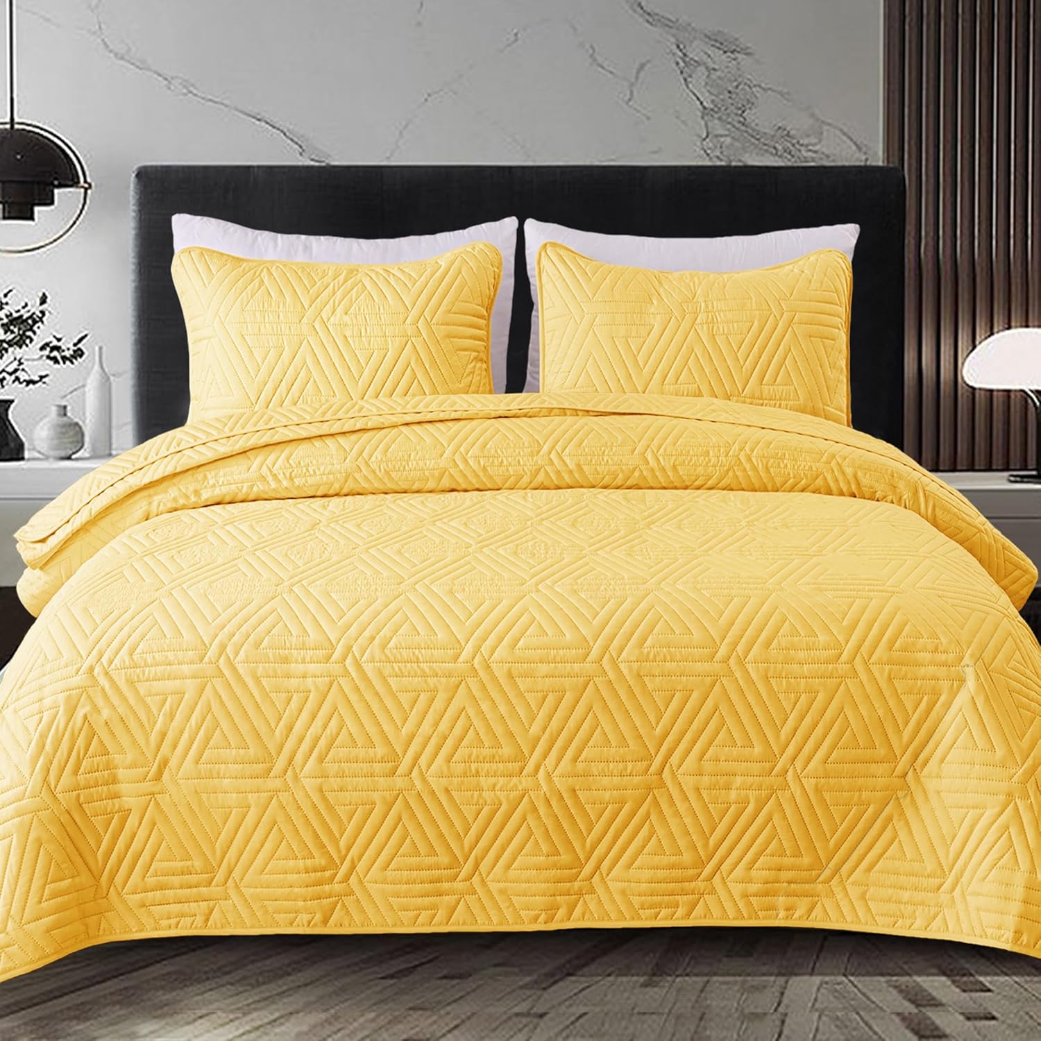 Whale Flotilla Soft Twin Size Quilt Set for All Seasons, 2-Piece Ultrasonic Geometric Quilts Bedding Set, Lightweight Reversible Bedspread, Coverlet, Bed Cover with Pillow Sham, Yellow - Image 9