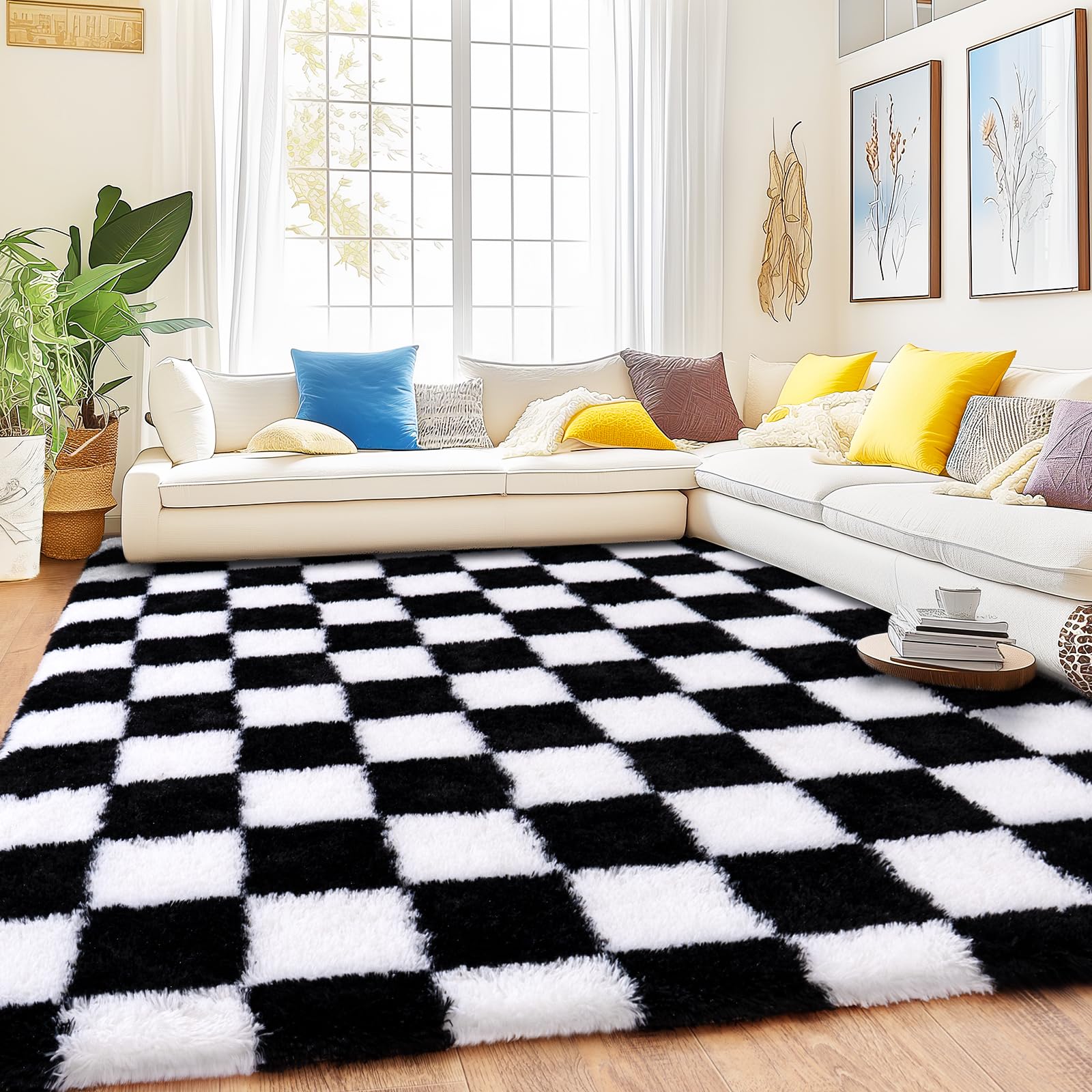 Quntue Checkered Rug 9x12 for Living Room, Ultra Fluffy Fuzzy Shag Black and White Large Area Rug for Bedroom, Modern Plush Soft Upgrade Non-Slip Carpet for Kids Girls and Boys Room Dorm Home Decor โ image 1