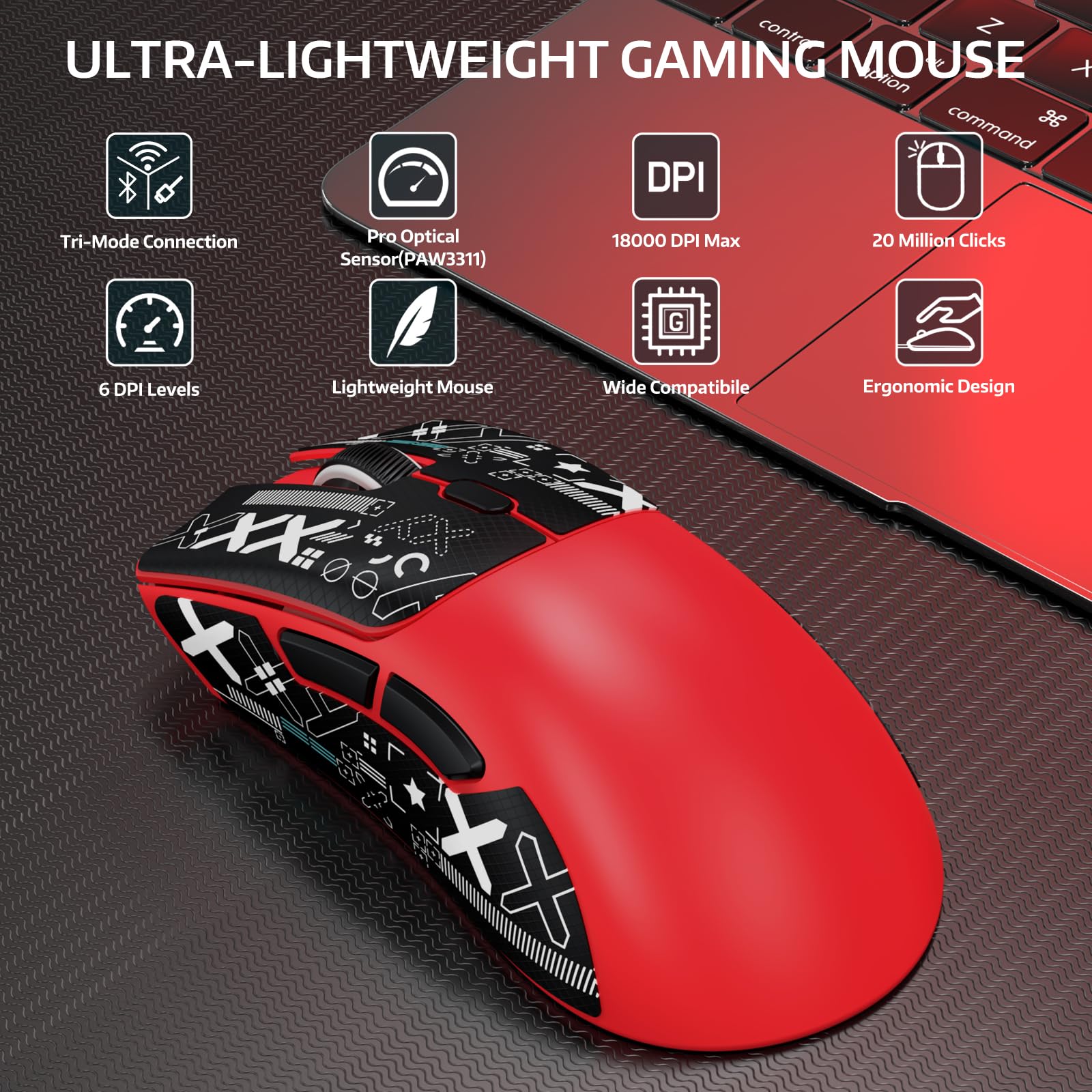 MAMBASNAKE R1 bezprzewodowa mysz do gier 59 g z trzema trybami i antypoślizgowymi naklejkami, łączność 2,4 GHz/Bluetooth/przewodowa,5 programowalnych przycisków,6 regulowanych DPI do 18000-czerwony