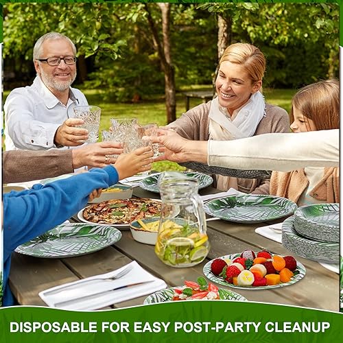 Miniatura 6 de Fuutreo 100 platos de papel tropical para fiesta, hojas de palma verdes, platos de papel de postre de 7 pulgadas y 9 pulgadas, platos desechables