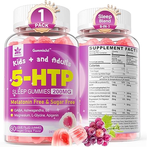 Gomitas 5HTP para adultos y niños mayores de 8 años, gomitas sin melatonina con glicinato de magnesio, GABA, L-glicina, Ashwagandha, vitamina B6