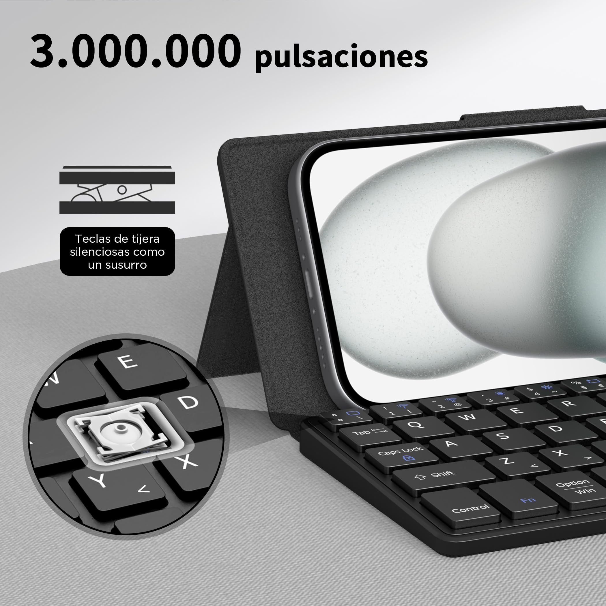 CACOE Teclado Bluetooth con Soporte, Mini Teclado para iPad, [Español] Portátil, Plegablede Doble Canal para Tablet/iPhone/iOS/Android Tablet/Windows, Negro