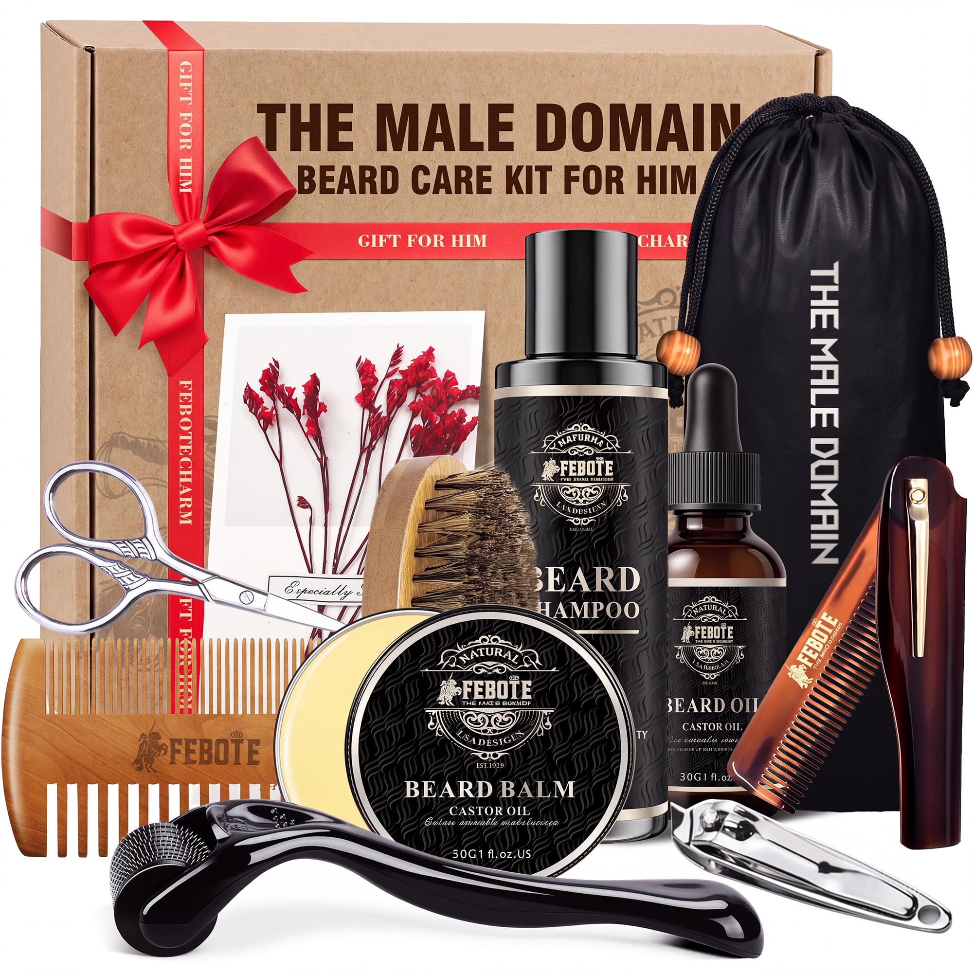 Beard Care Kit for Men - Premium Grooming & Care Set with Beard Wash, Oil, Balm, Brush, Massager Roller and Scissors - Gift Ready Kit for Him Husband - Father's Day Valentine's Day Christmas Gold