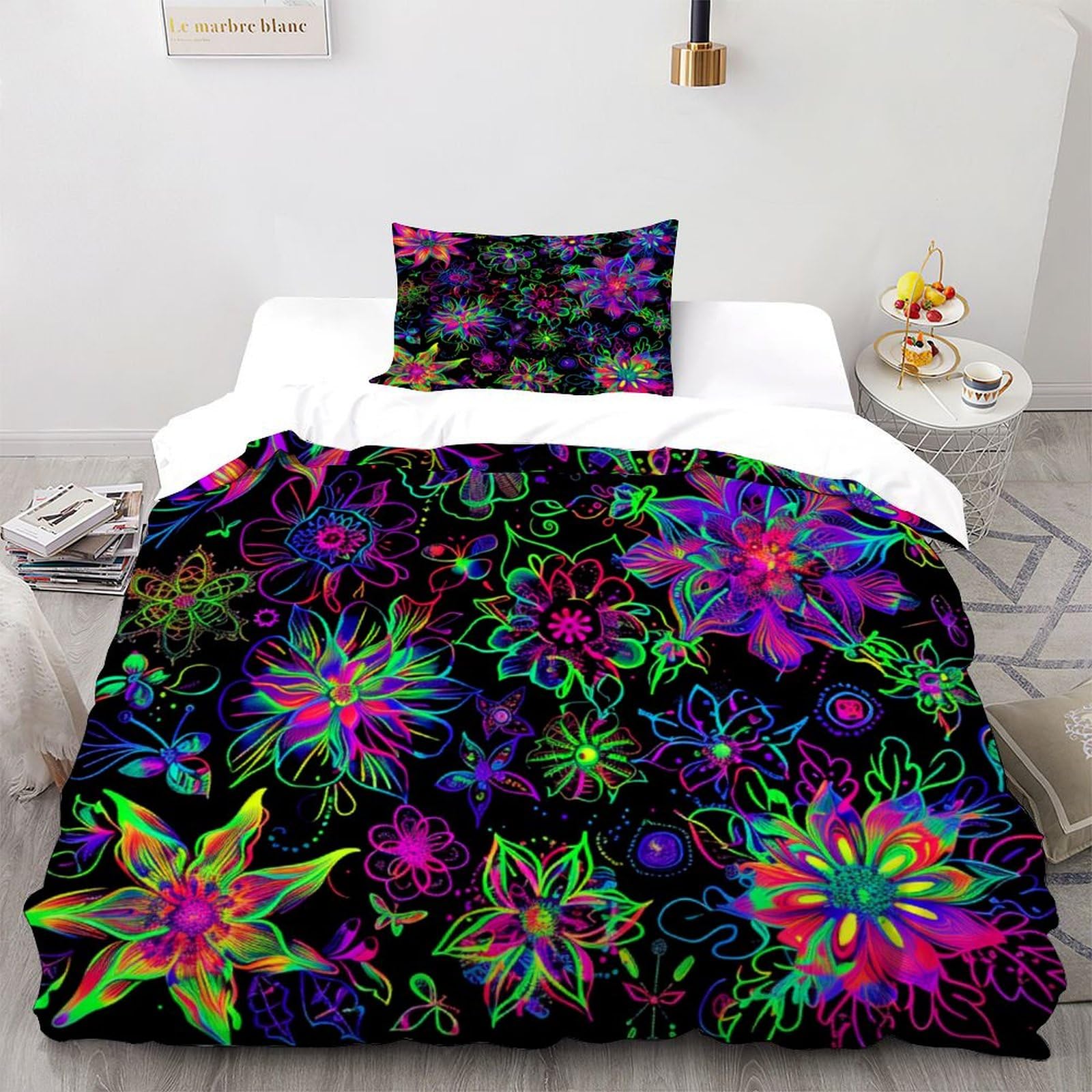 Parure de lit microfibre super douce motif fleurs néon bohème lit simple