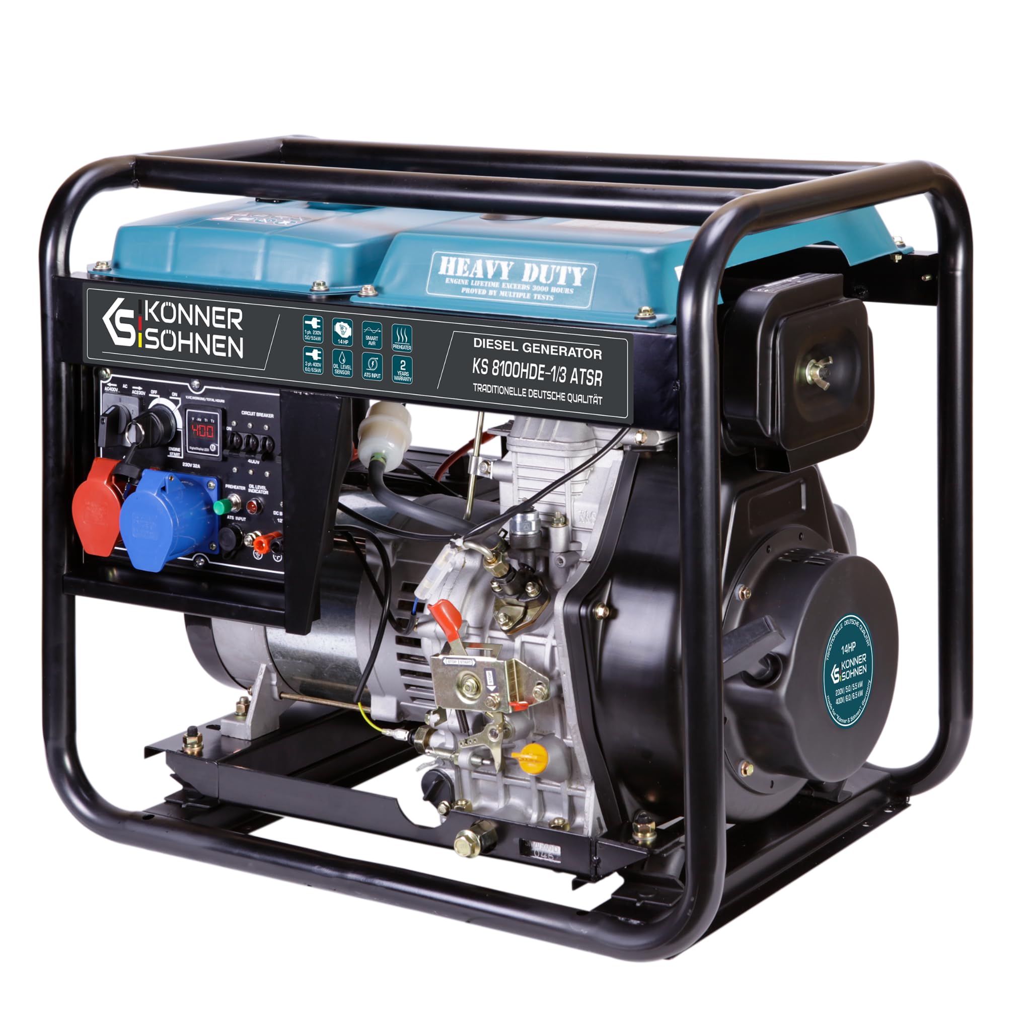 Agregat prądotwórczy Generator Diesla KS 8100HDE-1/3 ATSR (Euro V) z wbudowanym układem przełączania faz (VTS), maksymalna moc 6500 W, 1x16A (400V), maksymalna moc 5500 W 1x32A (230V), autorski silnik EURO-V, wyświetlacz (częstotliwość, napięcie, licznik