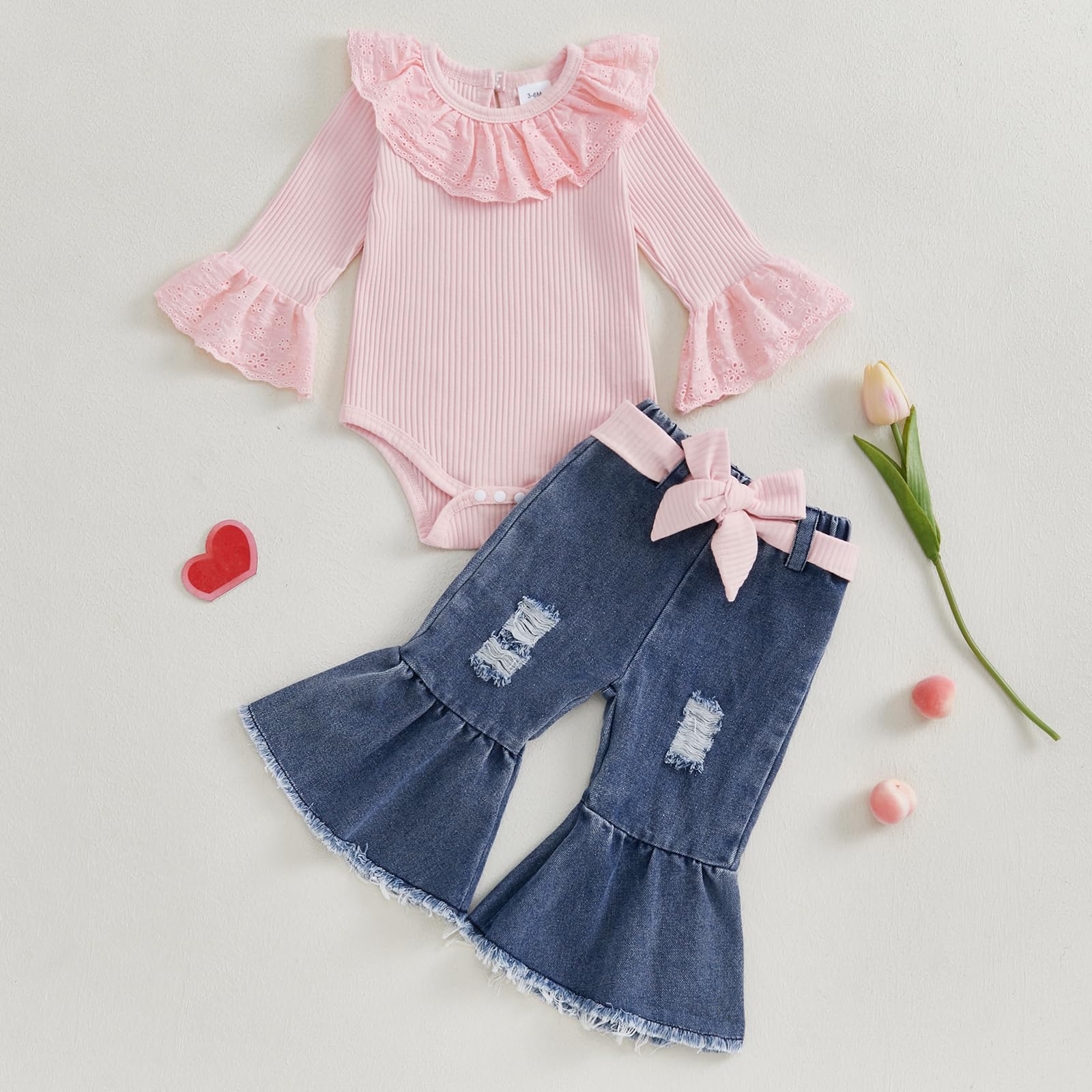 Gaono Toddler Baby Girl Fall Winter Clothes Bell Bottom Denim Outfit Solid Ribbed Romper Flare Jean With Headband 3Pcs Set (A-Pink, 9-12 Months)