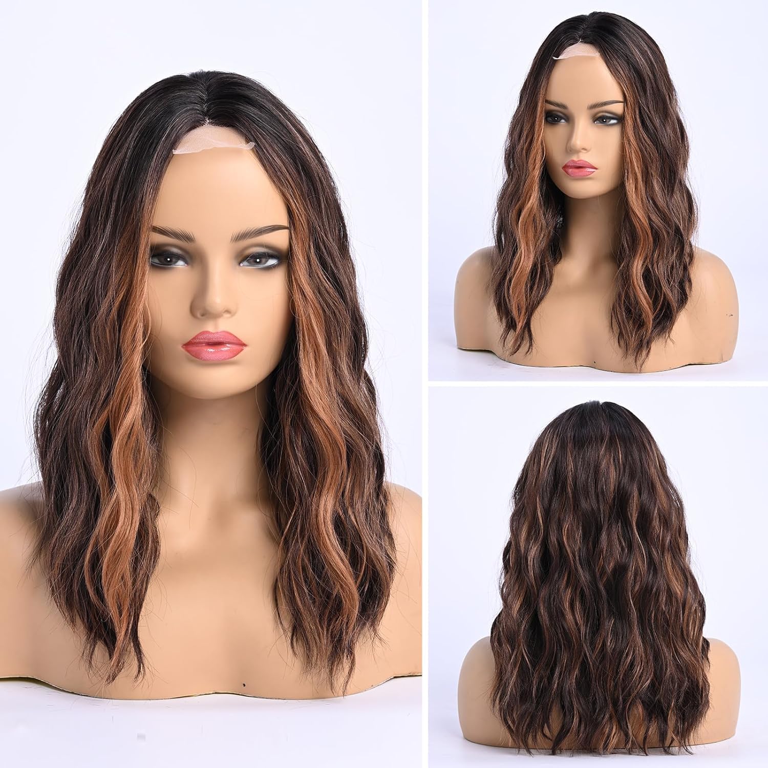 YaissmyLu Dark Brown with Highlight Medium Length Wigs for Women Brown Mixed Gold Wig Middle Part Synthetic Hair Wigs Wavy Highlights Natural Hair for Daily Party Use Colourful Wig - Image 2