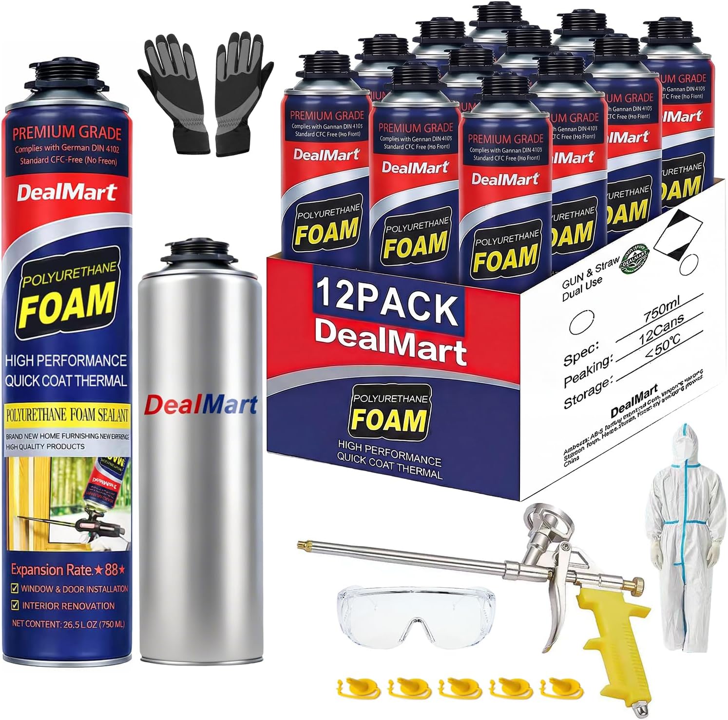 Spray Foam Insulation Kit (12 x 26.5 oz./240 Bd ft), Closed Cell Wide DIY Spray Foam, Self-Expanding Adhesive Insulation, Includes Gun & Cleaner, for Garage Doors, Attics & Walls, 12-Pack
