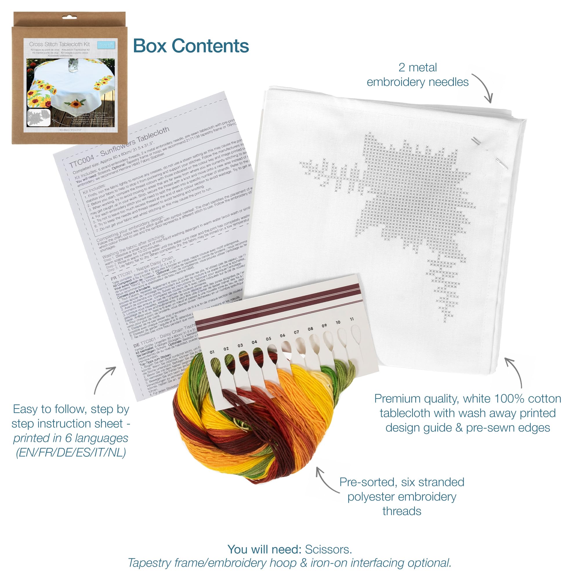 Trimits Kit per punto croce stampato, tovaglia – include tessuto stampato, fili, ago e istruzioni, 80 x 80 cm, girasoli