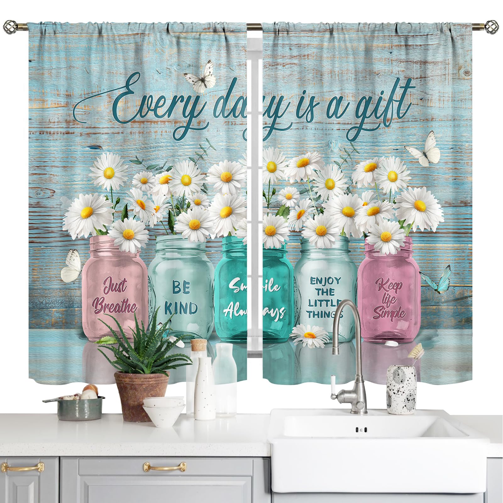 Rustic Floral Kitchen Curtains Flower Inspirational Small Short Cafe Window Curtains Daisy Farmhouse Vintage Wooden Country Quotes Tier Bathroom Window Treatment Drapes 28"x39"