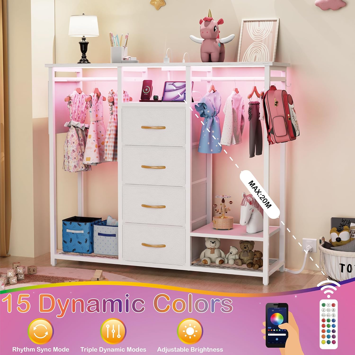 Dresser with Hanging Clothes Rack, 4 Drawers Dresser for Bedroom with LED Lights and Charging Station, Fabric Storage Chest of Drawers for Closet with Clothes Rack Bedroom Kid’s Room, Metal, White