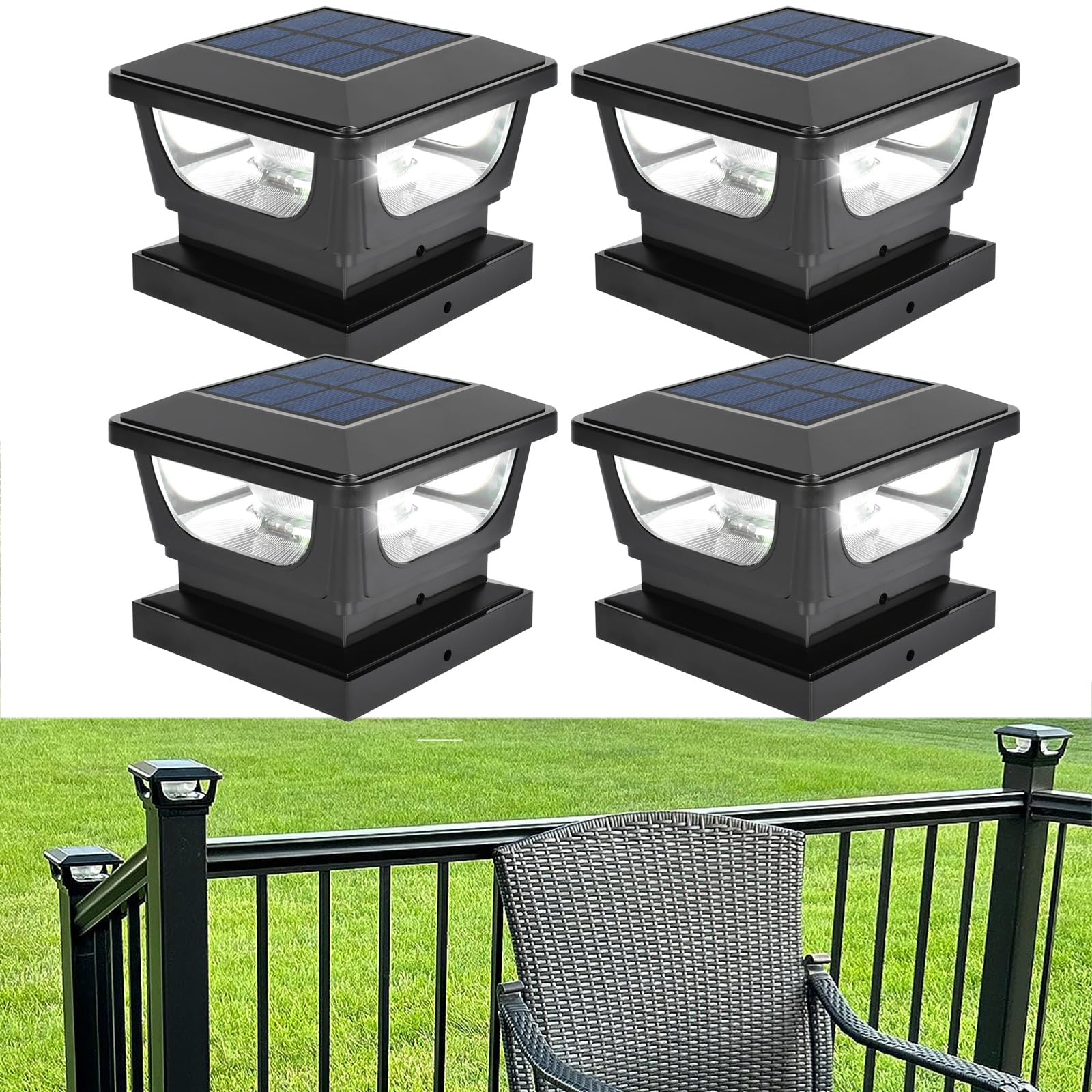 Solar Post Cap Lights for 3x3 Metal Posts & 4x4 Wood Fence, 4 Pack - IP65 Waterproof, Bright 120 Lumen 6500K Cool White Deck Lighting for Garden, Yard, Porch, Railing, Black Shell