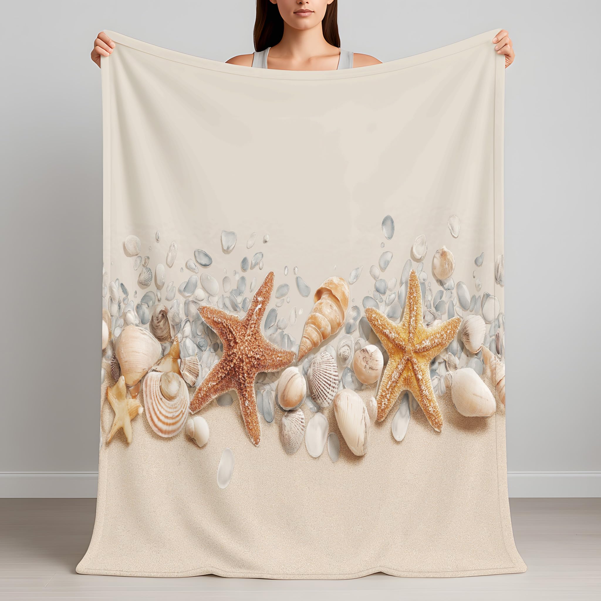 Genérico Koc z nadrukiem w stylu nadmorskim, 220 x 270 cm, khaki koce z mikrofibry łatwe w pielęgnacji miękkie na sofę i łóżko, ciepły lekki przytulny ciepły koc dekoracyjny muszle rozgwiazdy