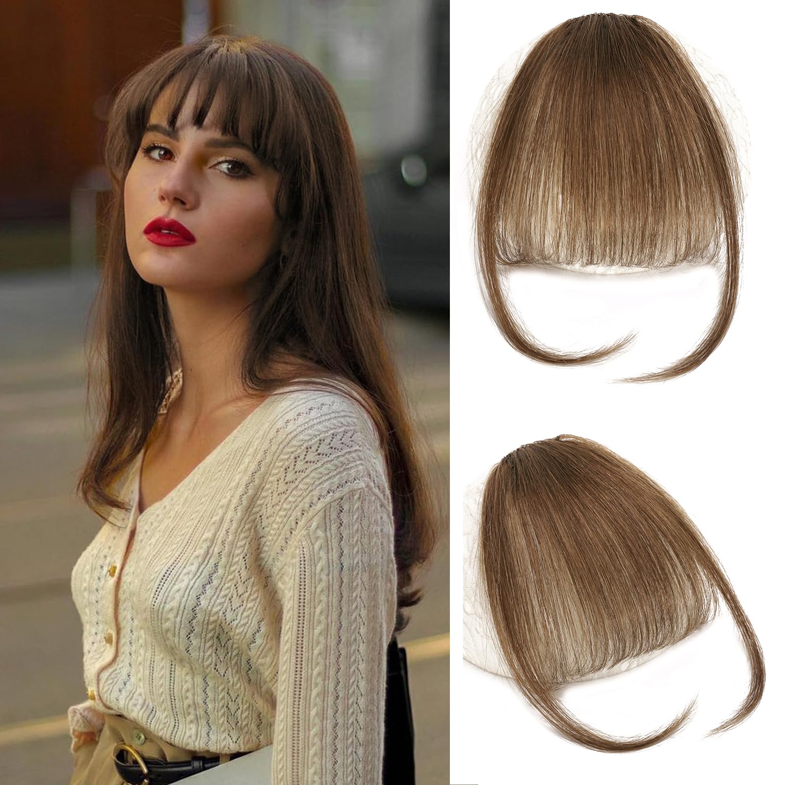 Berracy Bangs Hair Clip in Bangs 100% Real Human Hair Extensions Fake Thin French Bangs Fringe with Temples Curtain Flat Neat Front Thick Hairpieces