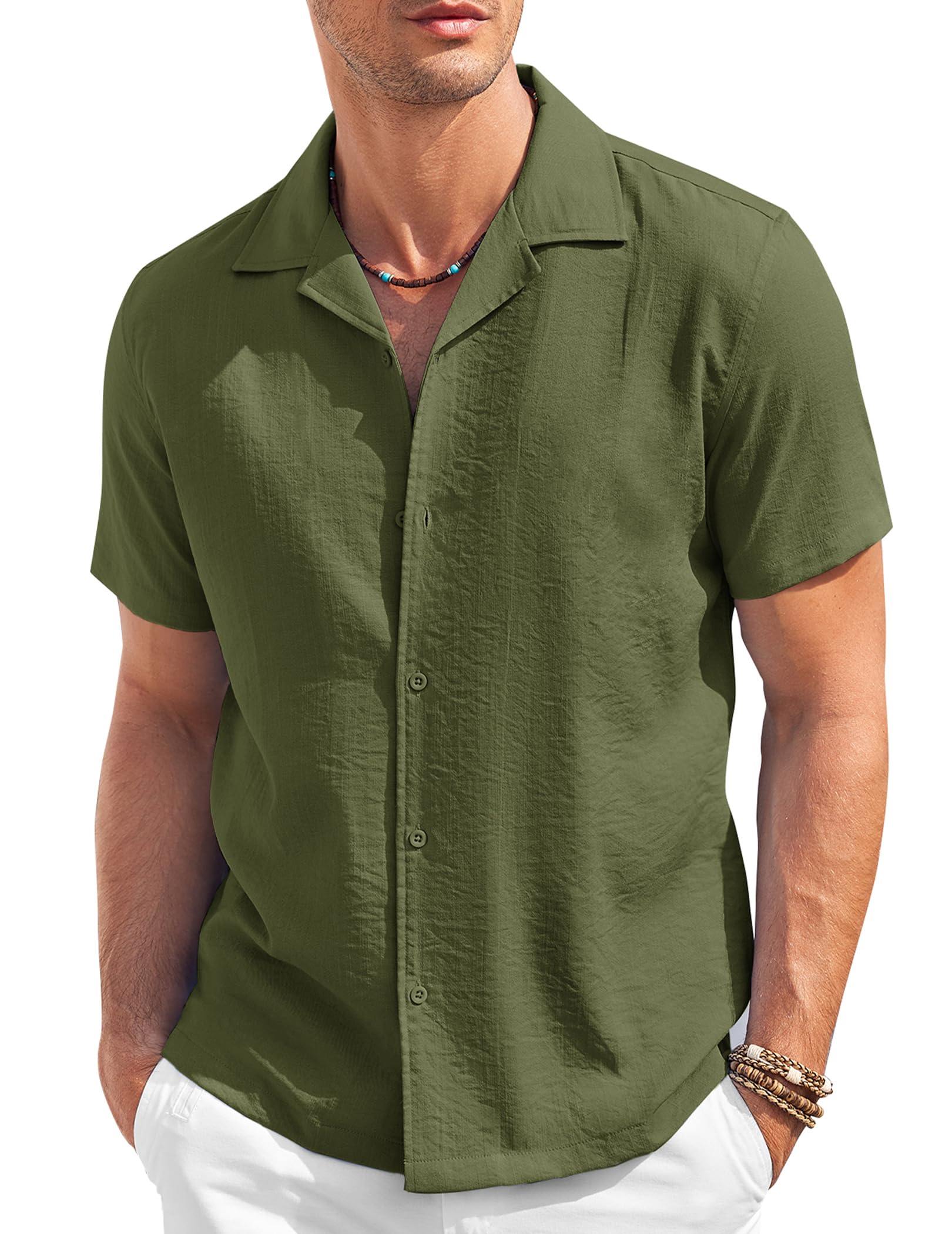 COOFANDYMen's Casual Button Down Shirt Short Sleeve Textured Summer Cuban Beach Shirts