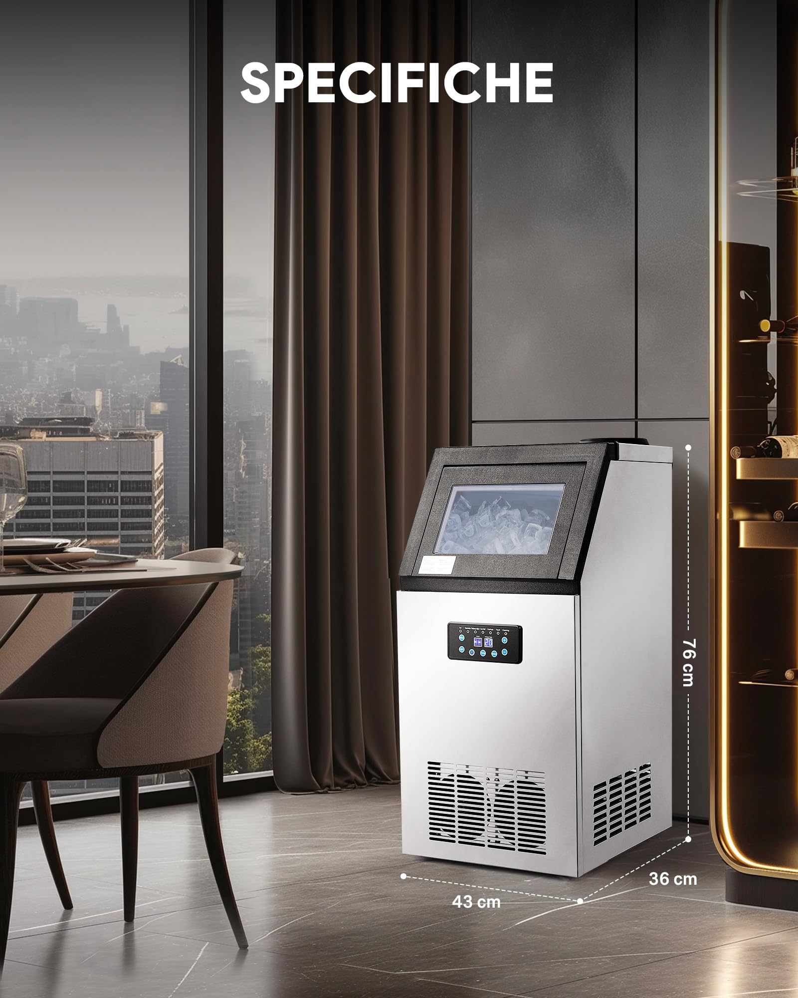 CREWORKS Macchina Ghiaccio Professionale 59kg/24h in Acciaio Inox | Stoccaggio 10kg 36 Cubetti/Ciclo Schermo LCD Autopulente Fabbricatore Ghiaccio Commerciale per Casa Ufficio Ristorante Bar